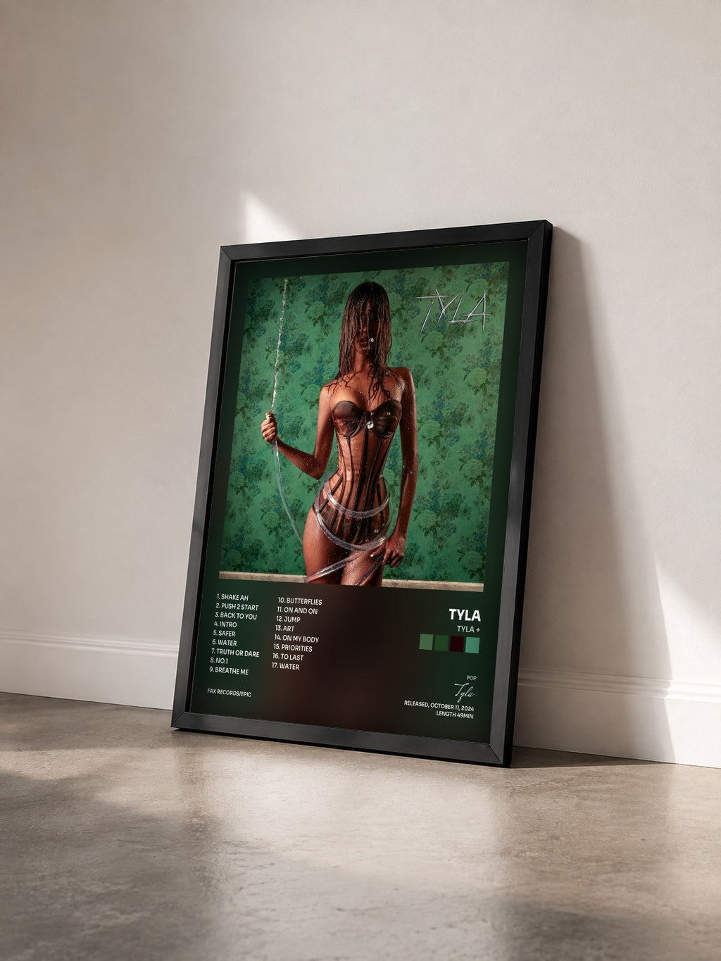 #noir TYLA by Tyla as a framed art print seen at an angle, black frame