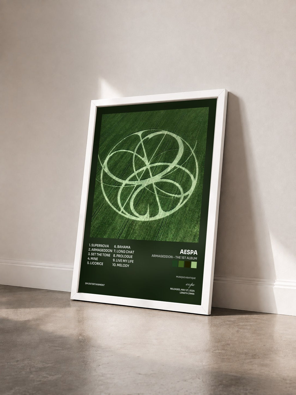 #blanc Armageddon - The 1st Album by aespa as a framed art print seen at an angle, white frame