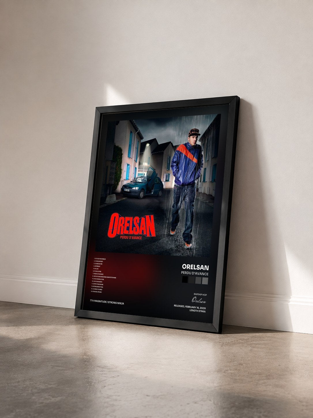 #noir Tableau de l'album Perdu d'avance de Orelsan vu de trois quarts, cadre noir