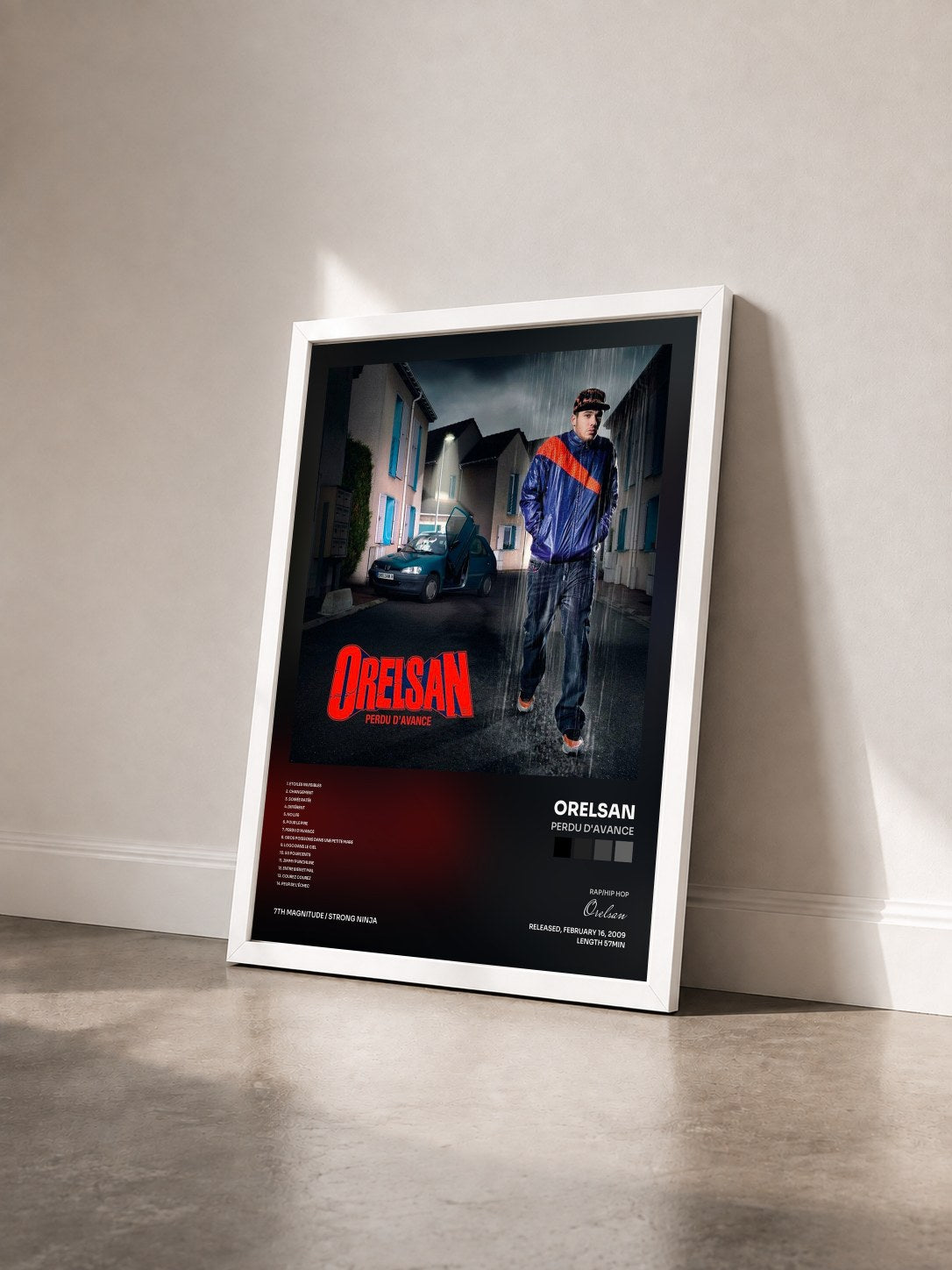 #blanc Tableau de l'album Perdu d'avance de Orelsan vu de trois quarts, cadre blanc