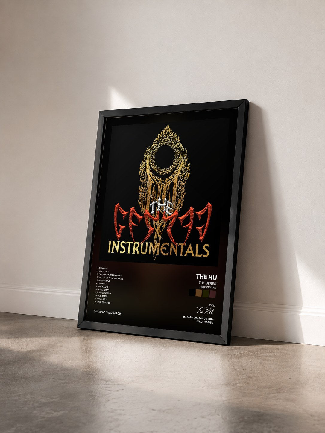 #noir The Gereg (Instrumentals) by The HU as a framed art print seen at an angle, black frame