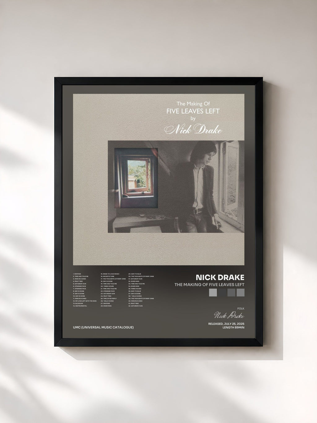 #noir Tableau de l'album The Making Of Five Leaves Left de Nick Drake, cadre noir, imprimé et encadré en France