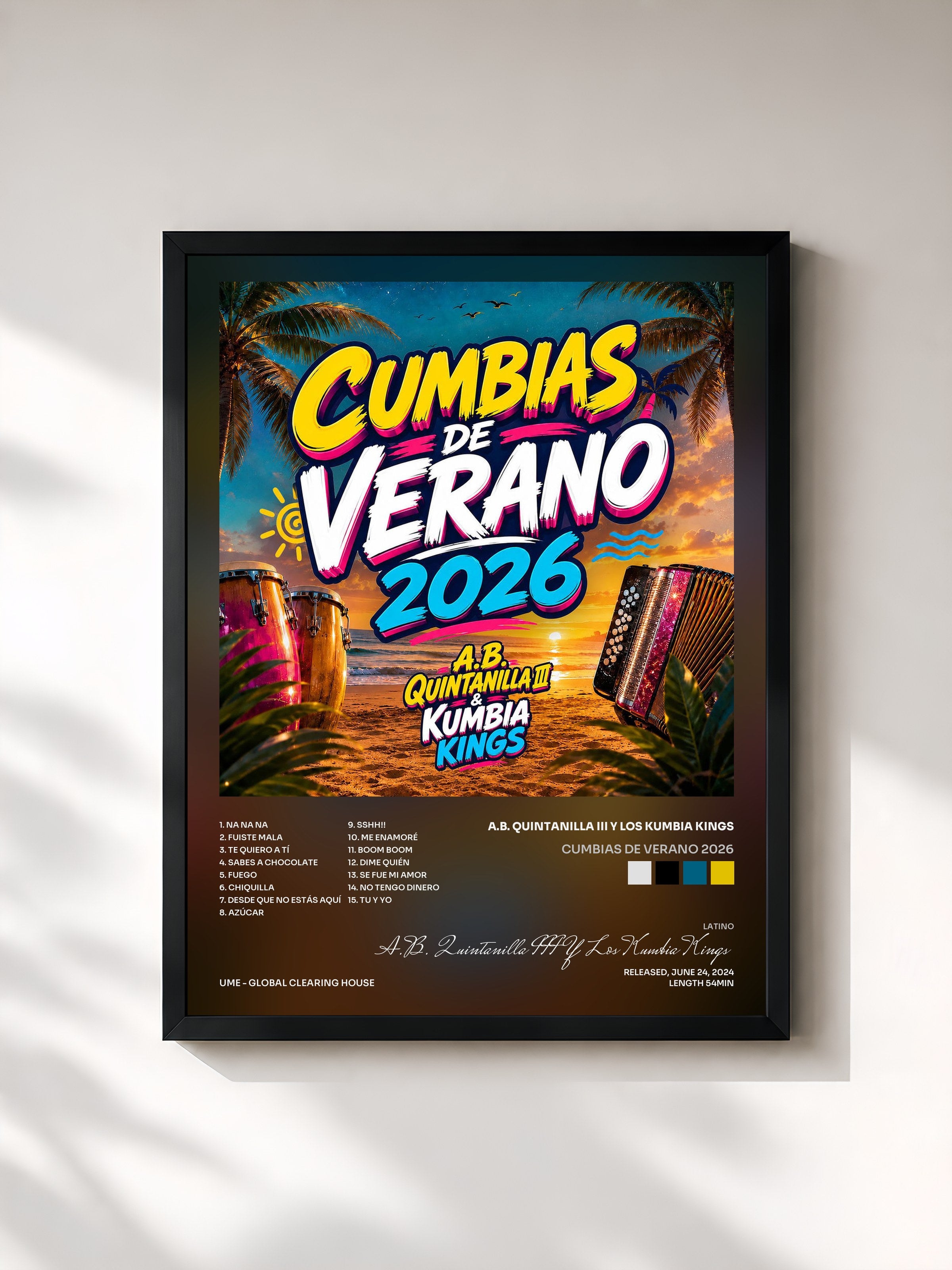 #noir Tableau de l'album CUMBIAS DE VERANO 2026 de A.B. Quintanilla III Y Los Kumbia Kings, cadre noir, imprimé et encadré en France