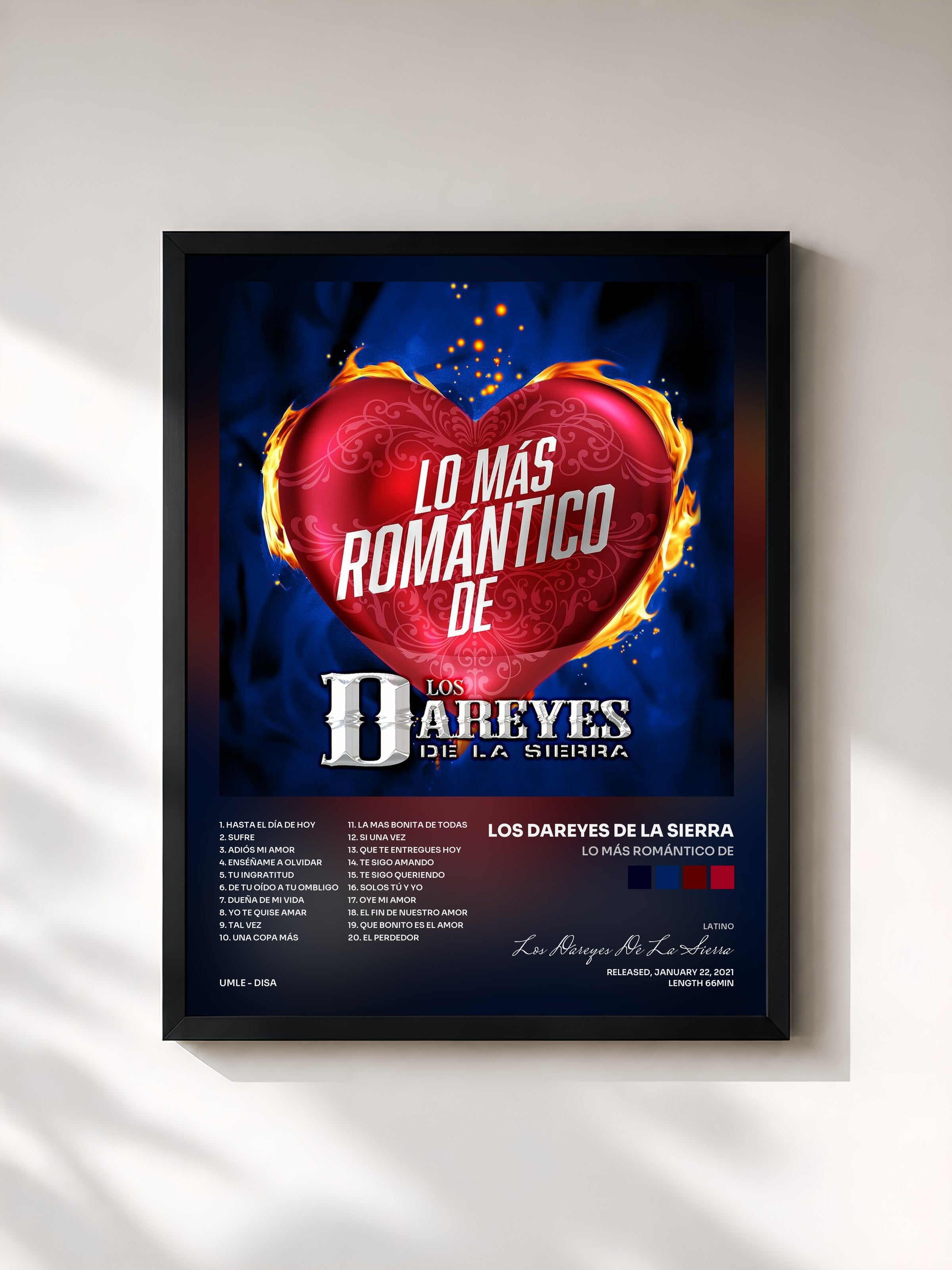 #noir Tableau de l'album Lo Más Romántico De de Los Dareyes De La Sierra, cadre noir, imprimé et encadré en France