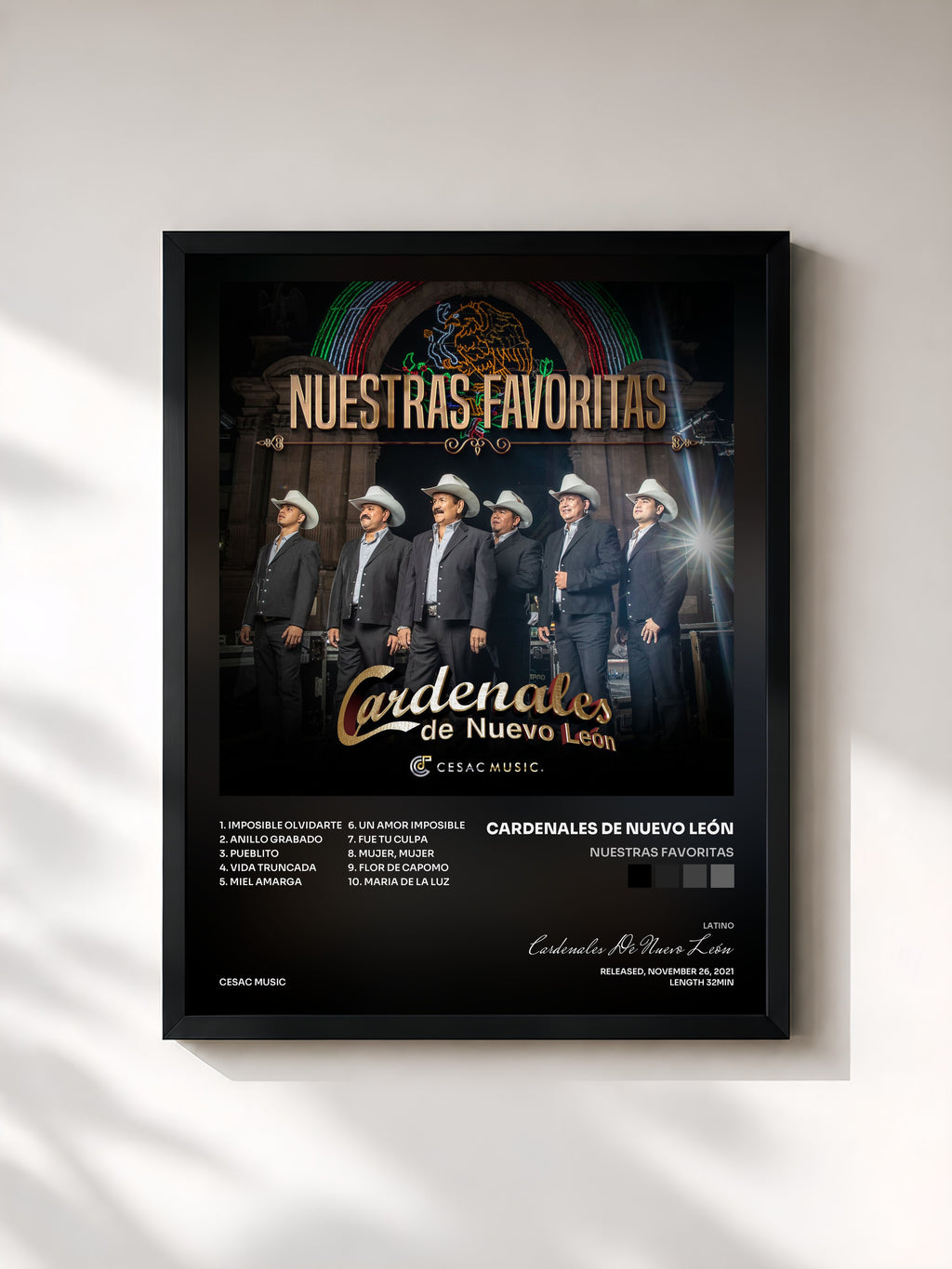 #noir Tableau de l'album Nuestras Favoritas de Cardenales De Nuevo León, cadre noir, imprimé et encadré en France