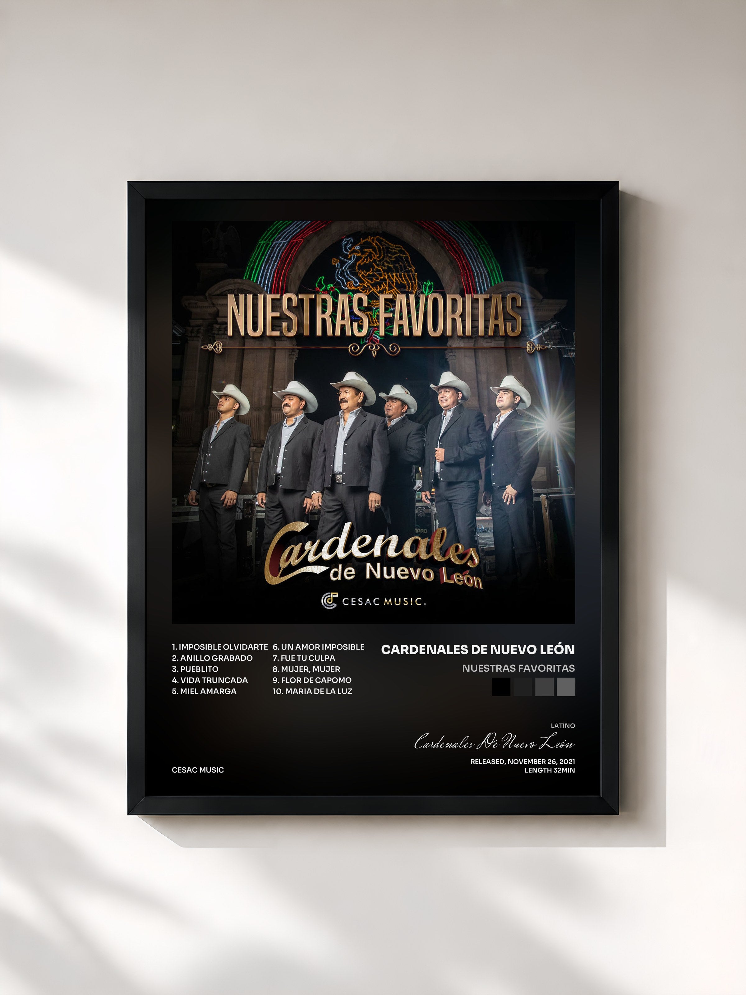 #noir Tableau de l'album Nuestras Favoritas de Cardenales De Nuevo León, cadre noir, imprimé et encadré en France