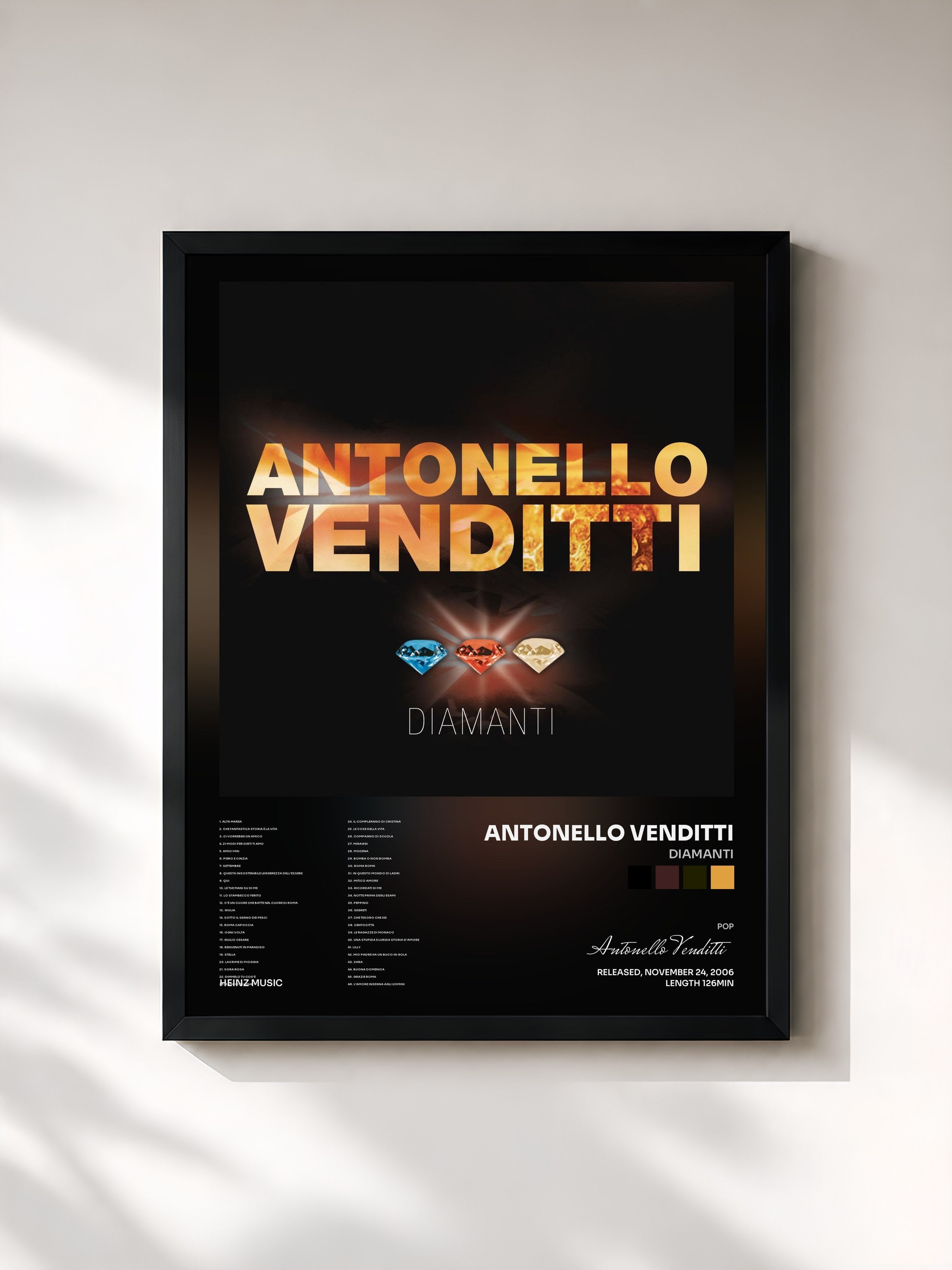 #noir Tableau de l'album Diamanti de Antonello Venditti, cadre noir, imprimé et encadré en France