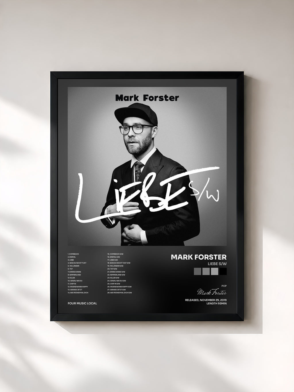 #noir Tableau de l'album LIEBE s/w de Mark Forster, cadre noir, imprimé et encadré en France