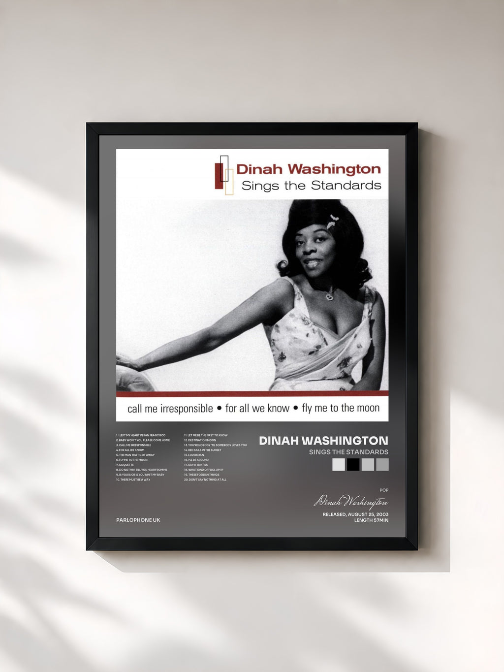 #noir Tableau de l'album Sings The Standards de Dinah Washington, cadre noir, imprimé et encadré en France