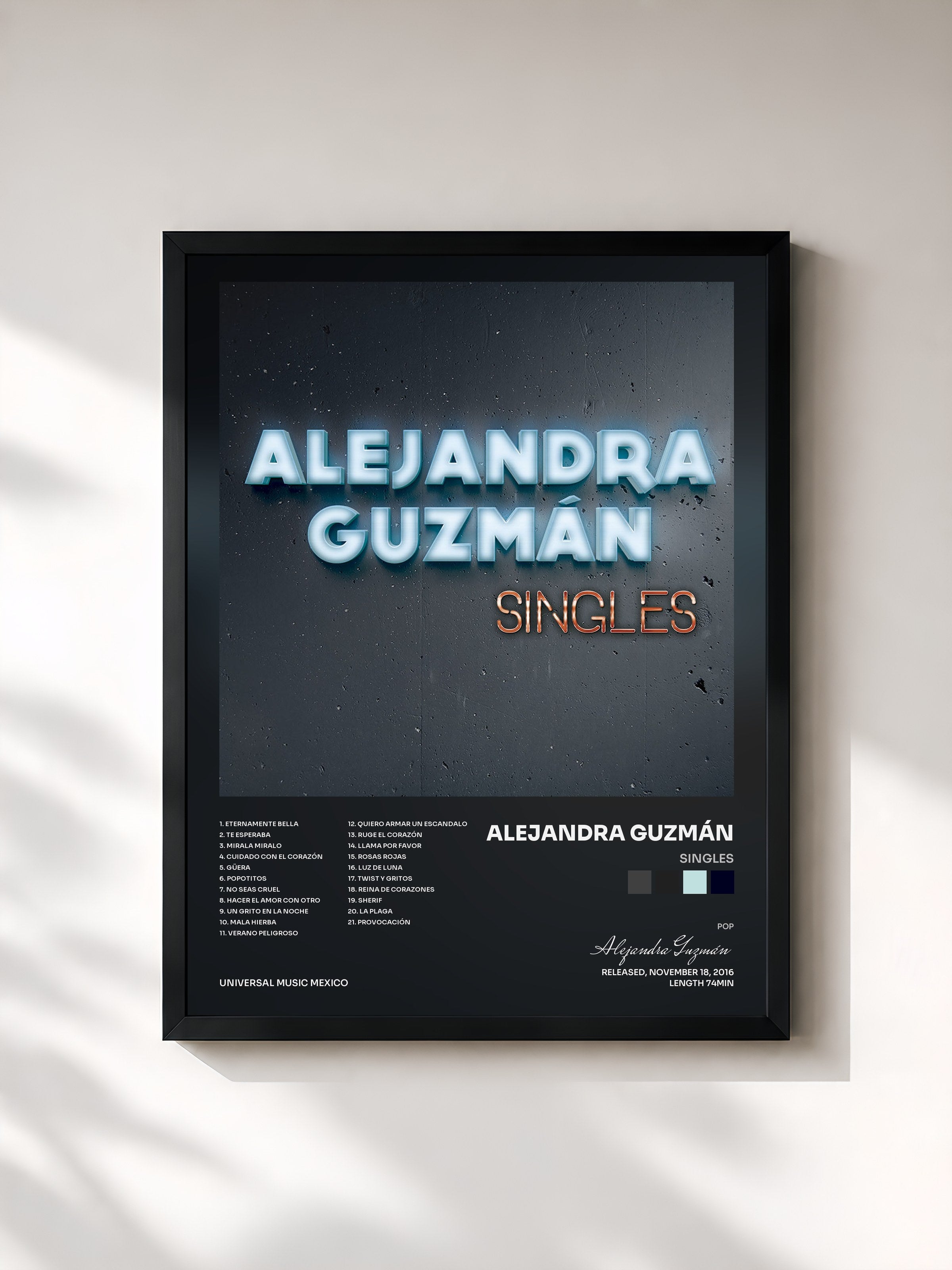 #noir Tableau de l'album Singles de Alejandra Guzmán, cadre noir, imprimé et encadré en France