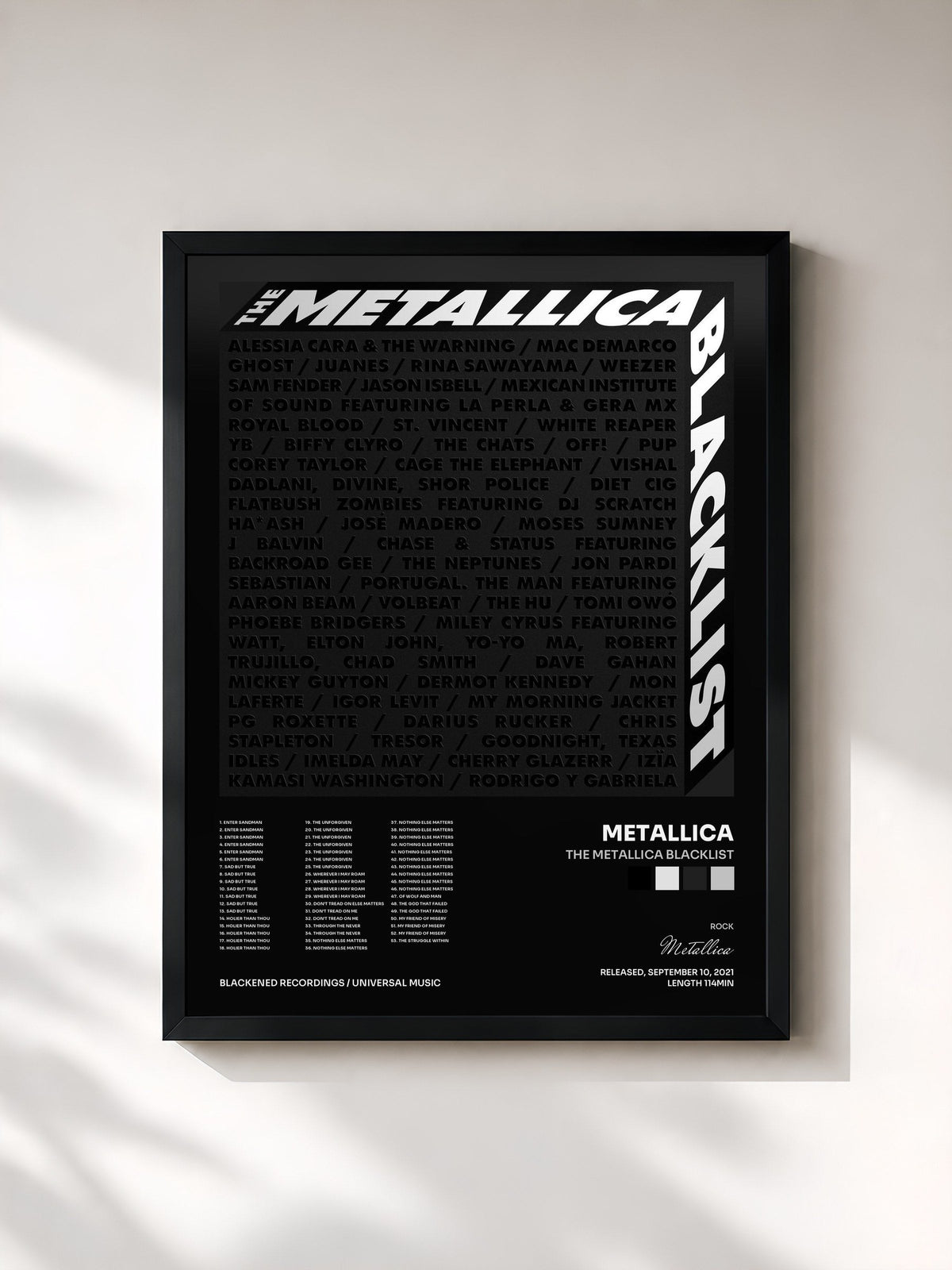 #noir Tableau de l'album The Metallica Blacklist de Metallica, cadre noir, imprimé et encadré en France