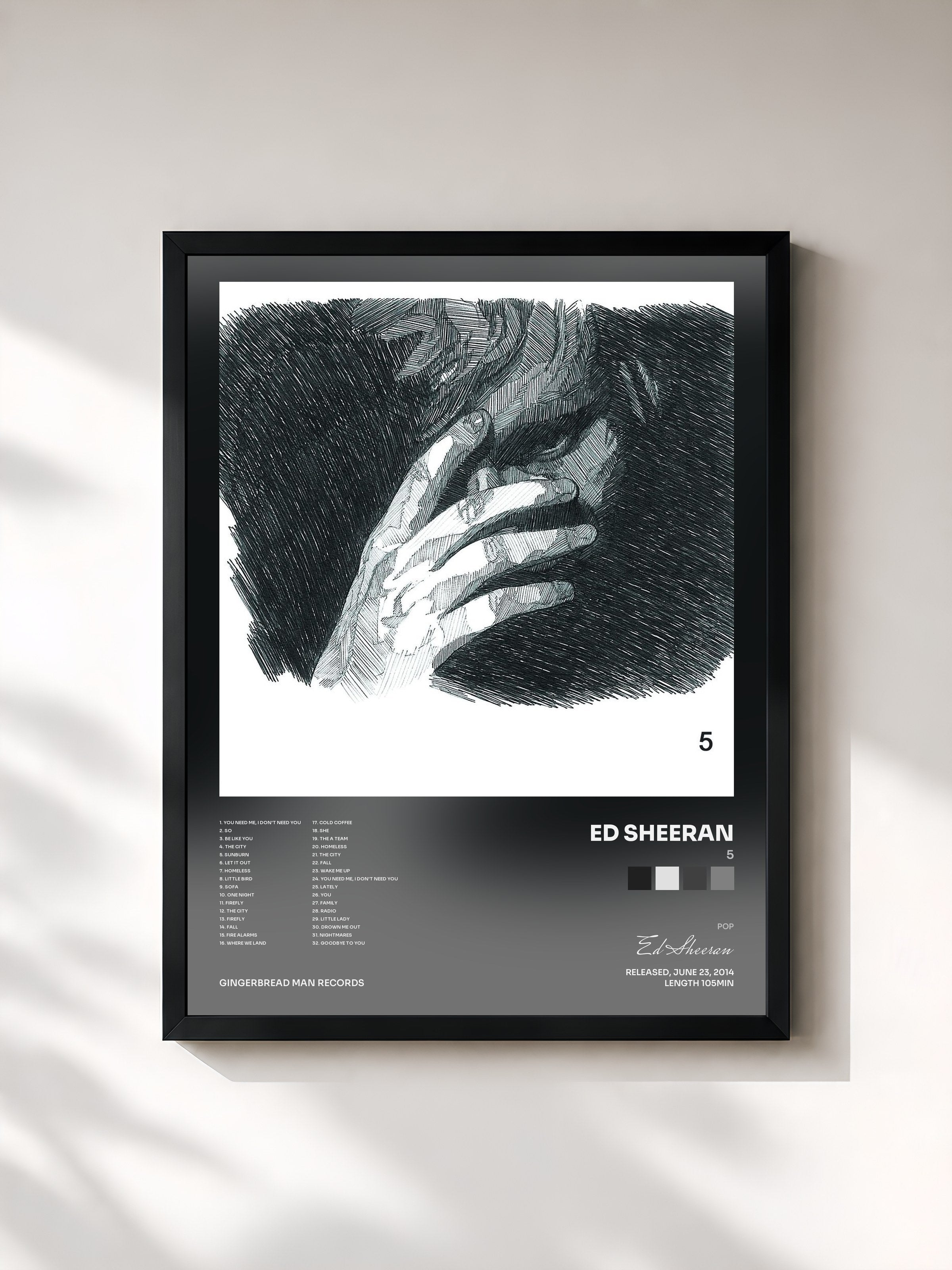#noir Tableau de l'album 5 de Ed Sheeran, cadre noir, imprimé et encadré en France