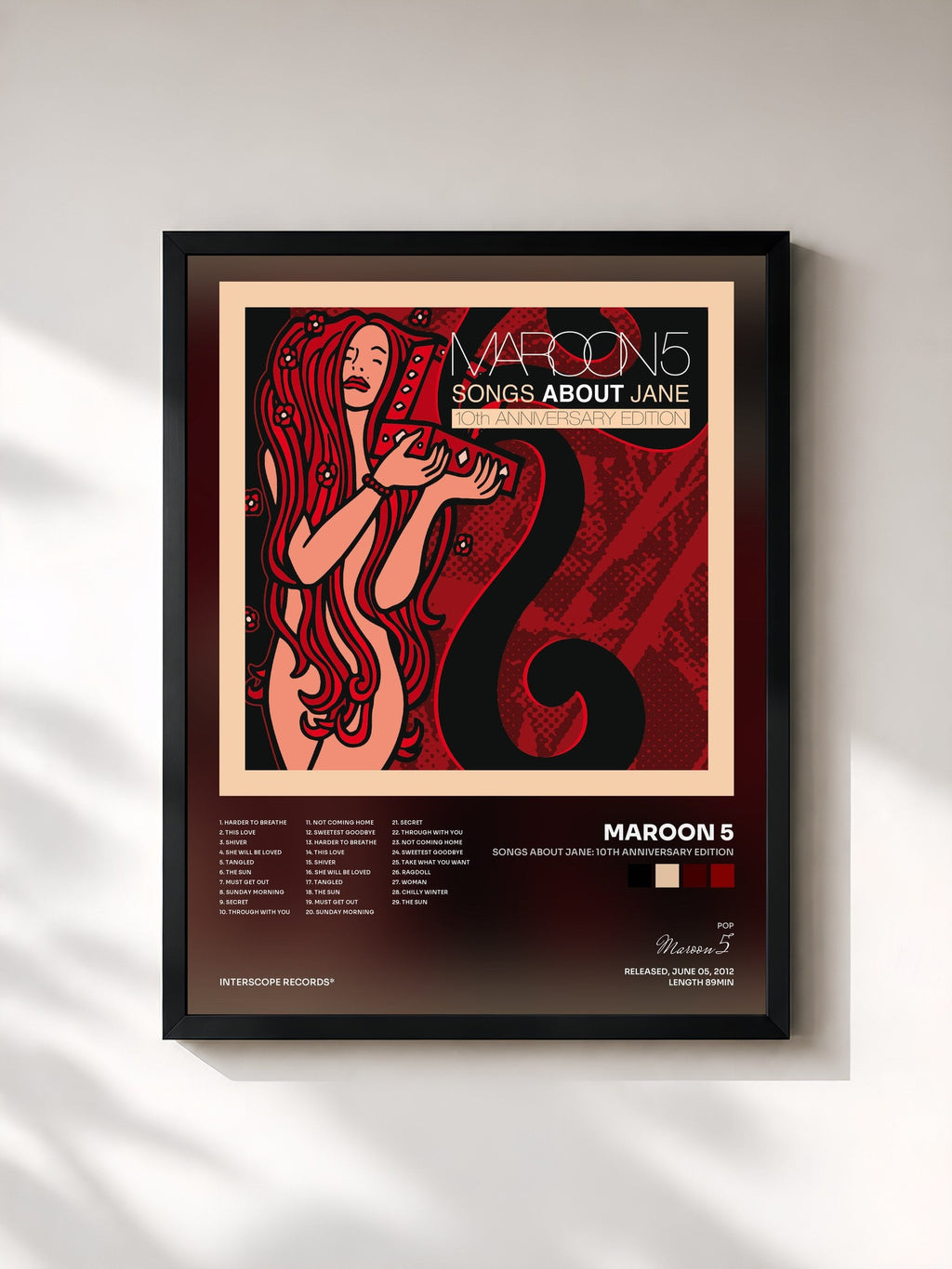 #noir Songs About Jane: 10th Anniversary Edition by Maroon 5 as a framed art print, black frame, printed and framed in France