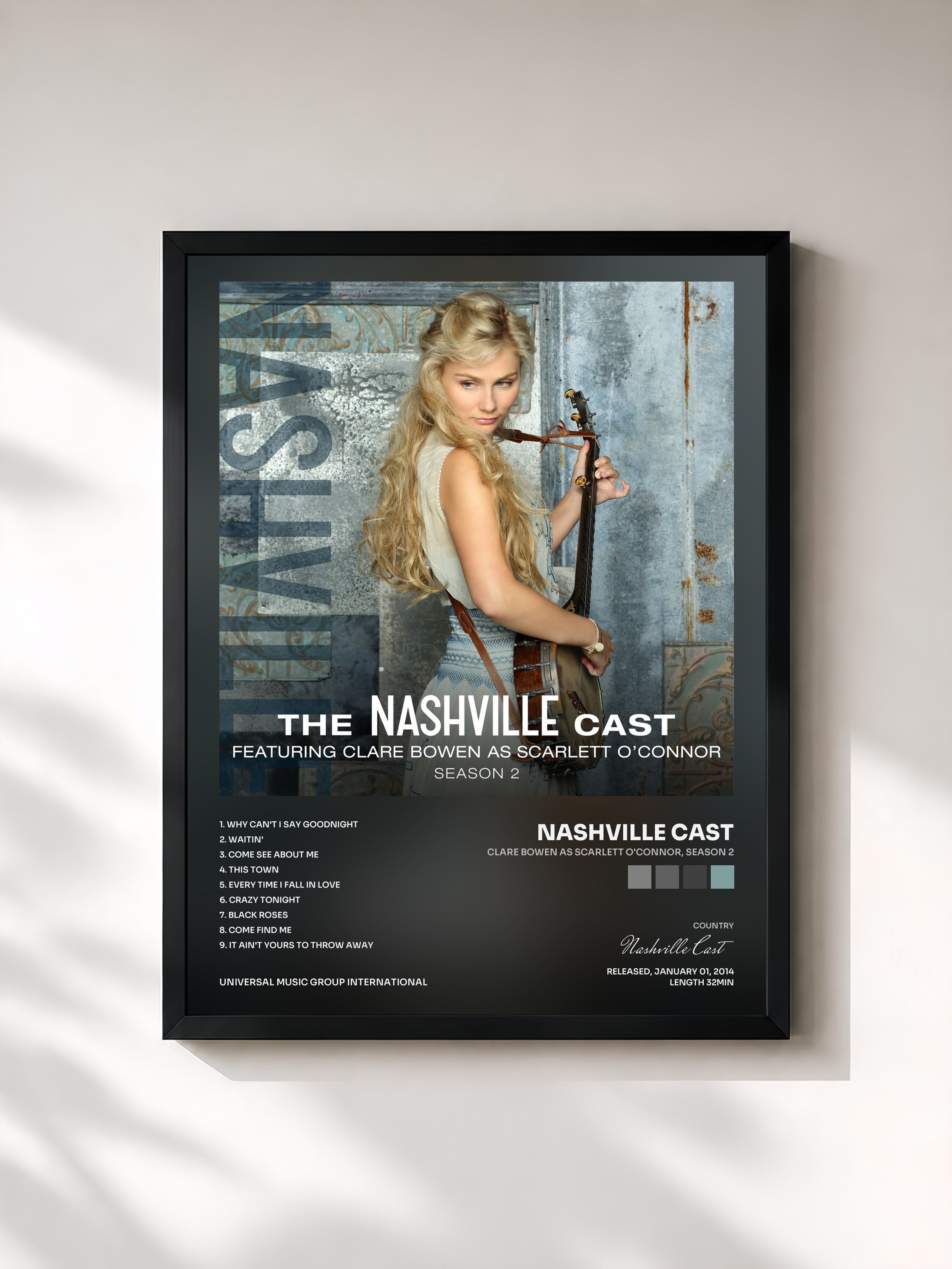 #noir Tableau de l'album Clare Bowen As Scarlett O'Connor, Season 2 de Nashville Cast, cadre noir, imprimé et encadré en France