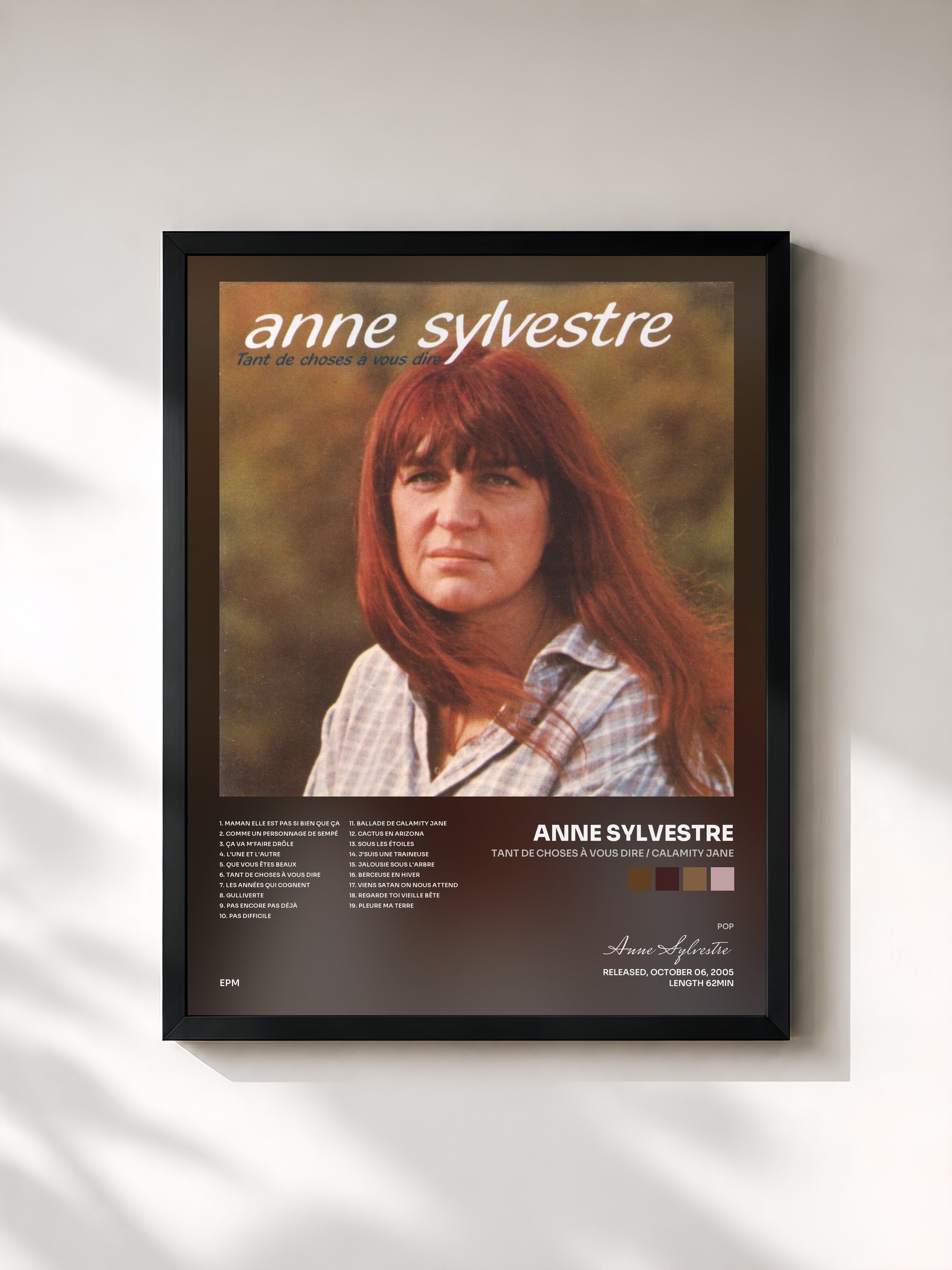 #noir Tableau de l'album Tant de choses à vous dire / Calamity Jane de Anne Sylvestre, cadre noir, imprimé et encadré en France