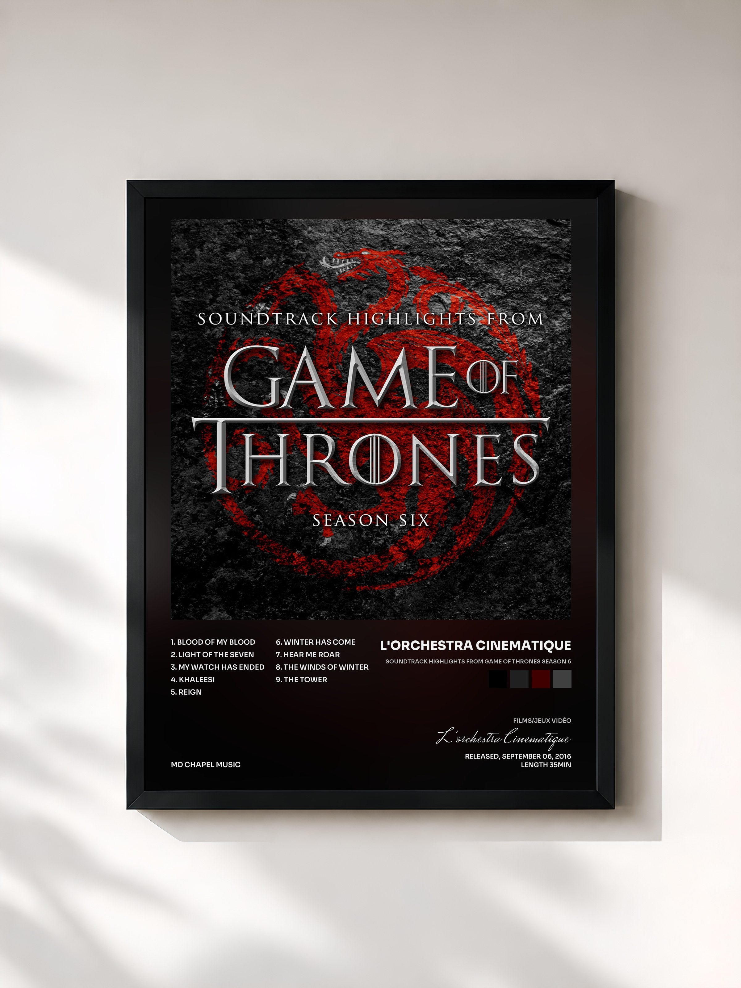 #noir Tableau de l'album Soundtrack Highlights from Game of Thrones Season 6 de L'orchestra Cinematique, cadre noir, imprimé et encadré en France