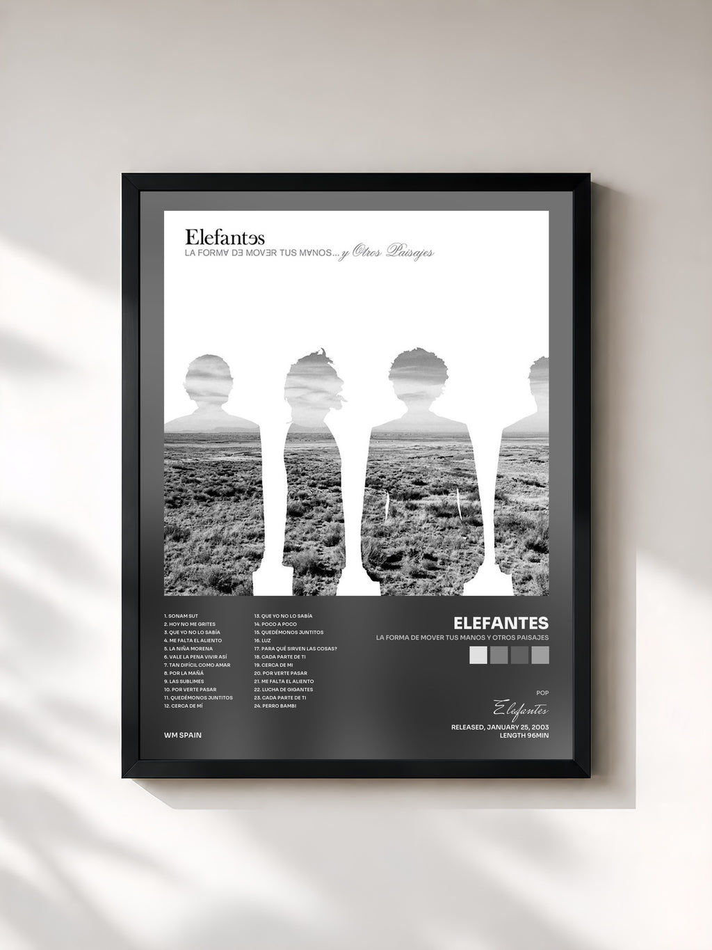 #noir Tableau de l'album La forma de mover tus manos y otros paisajes de Elefantes, cadre noir, imprimé et encadré en France