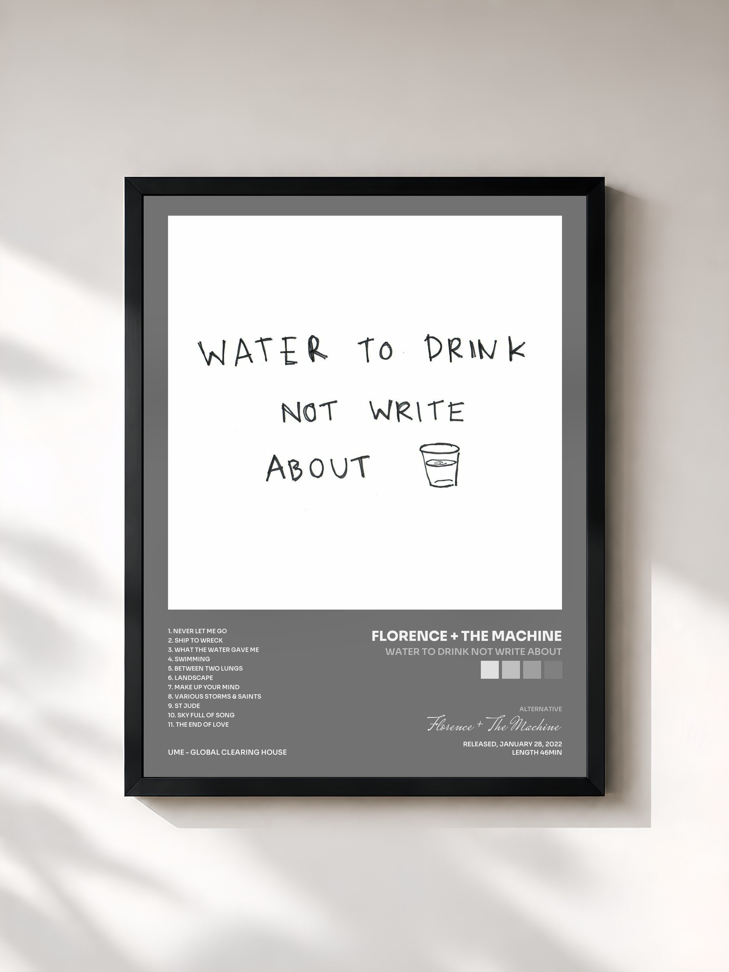 #noir Tableau de l'album Water To Drink Not Write About de Florence + The Machine, cadre noir, imprimé et encadré en France