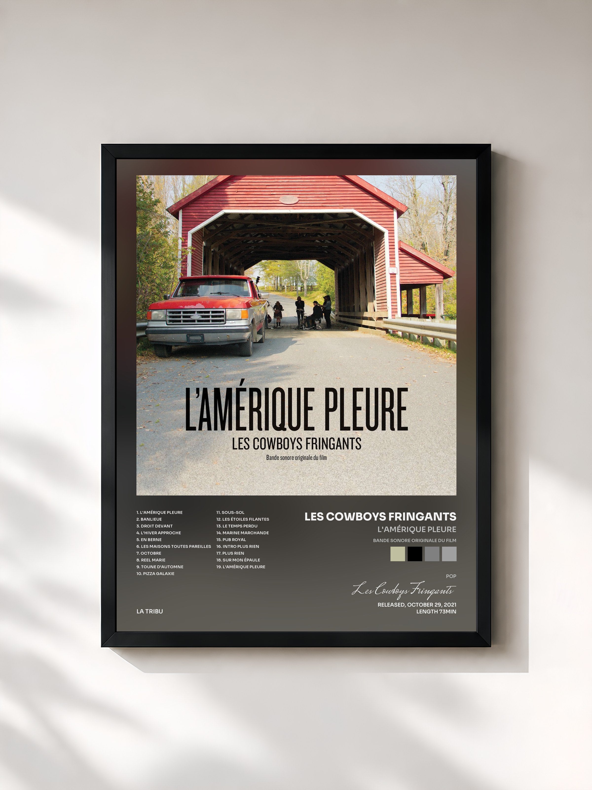 #noir Tableau de l'album L'Amérique pleure (Bande sonore originale du film) de Les Cowboys Fringants, cadre noir, imprimé et encadré en France