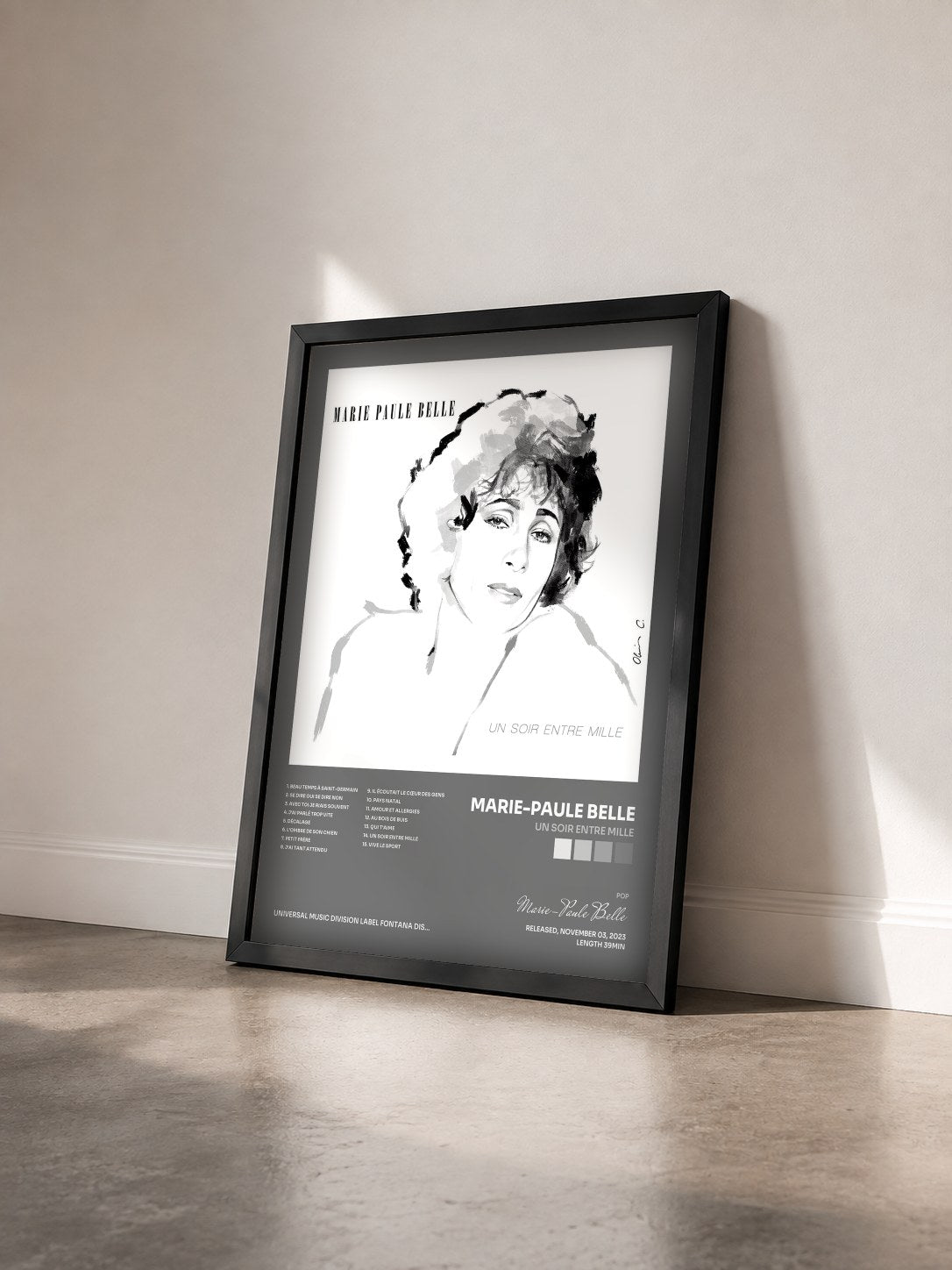#noir Un soir entre mille by Marie-Paule Belle as a framed art print seen at an angle, black frame