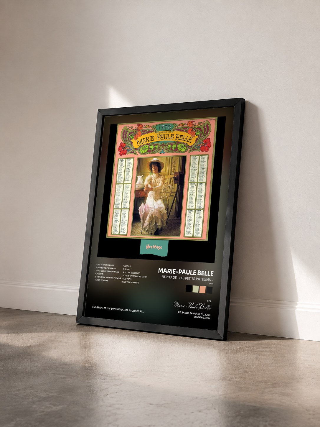 #noir Heritage - Les Petits Patelins - (1977) by Marie-Paule Belle as a framed art print seen at an angle, black frame