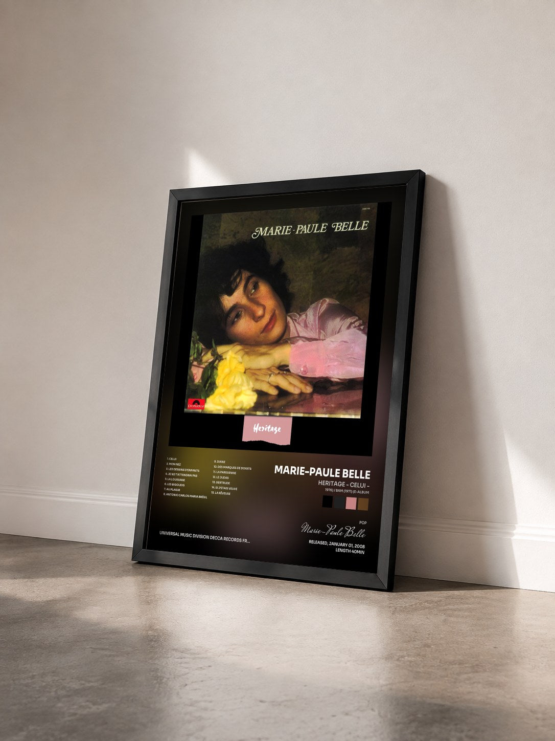 #noir Heritage - Celui - (1976) / BAM (1971) (e-album) by Marie-Paule Belle as a framed art print seen at an angle, black frame