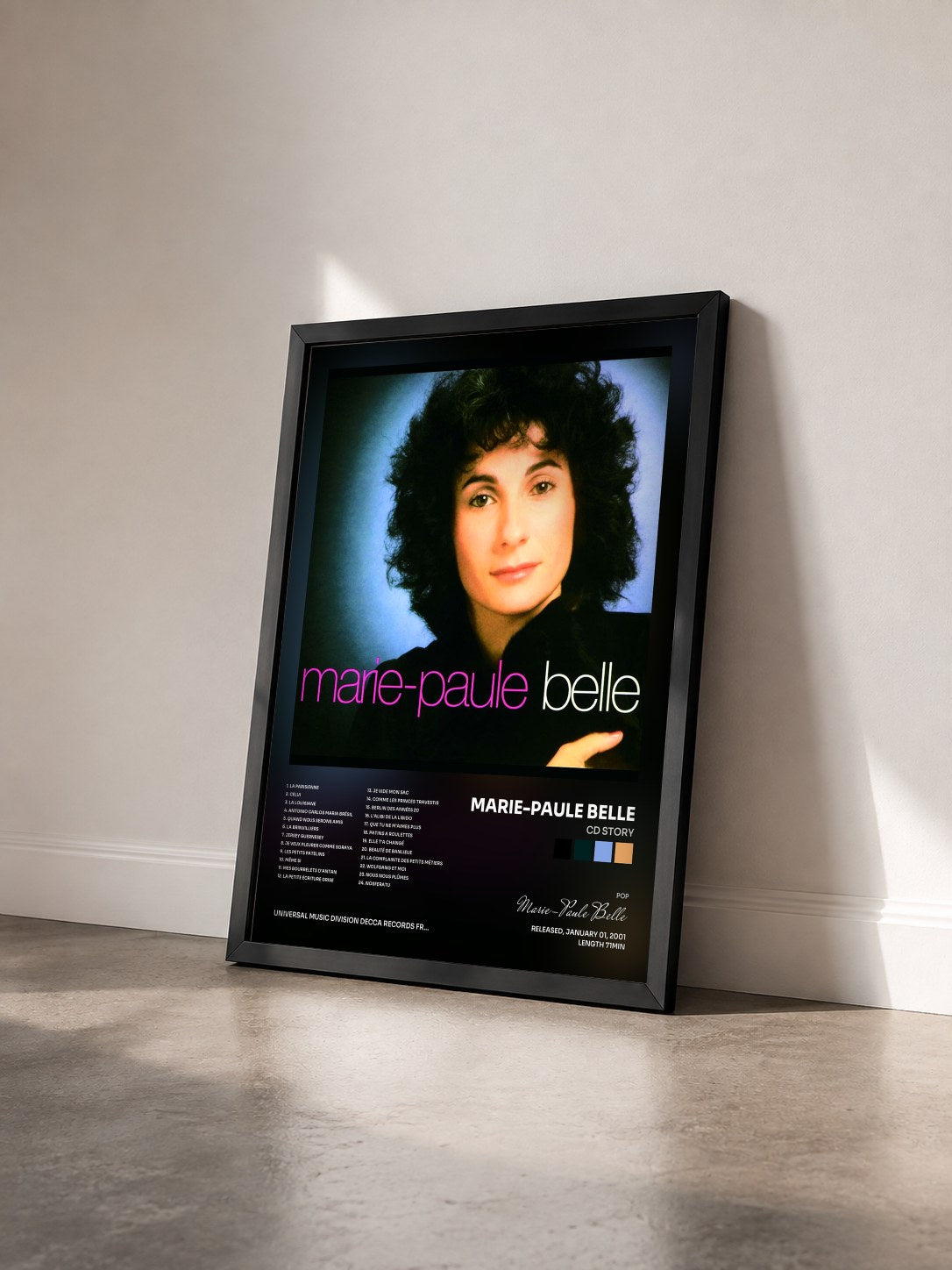 #noir CD Story by Marie-Paule Belle as a framed art print seen at an angle, black frame