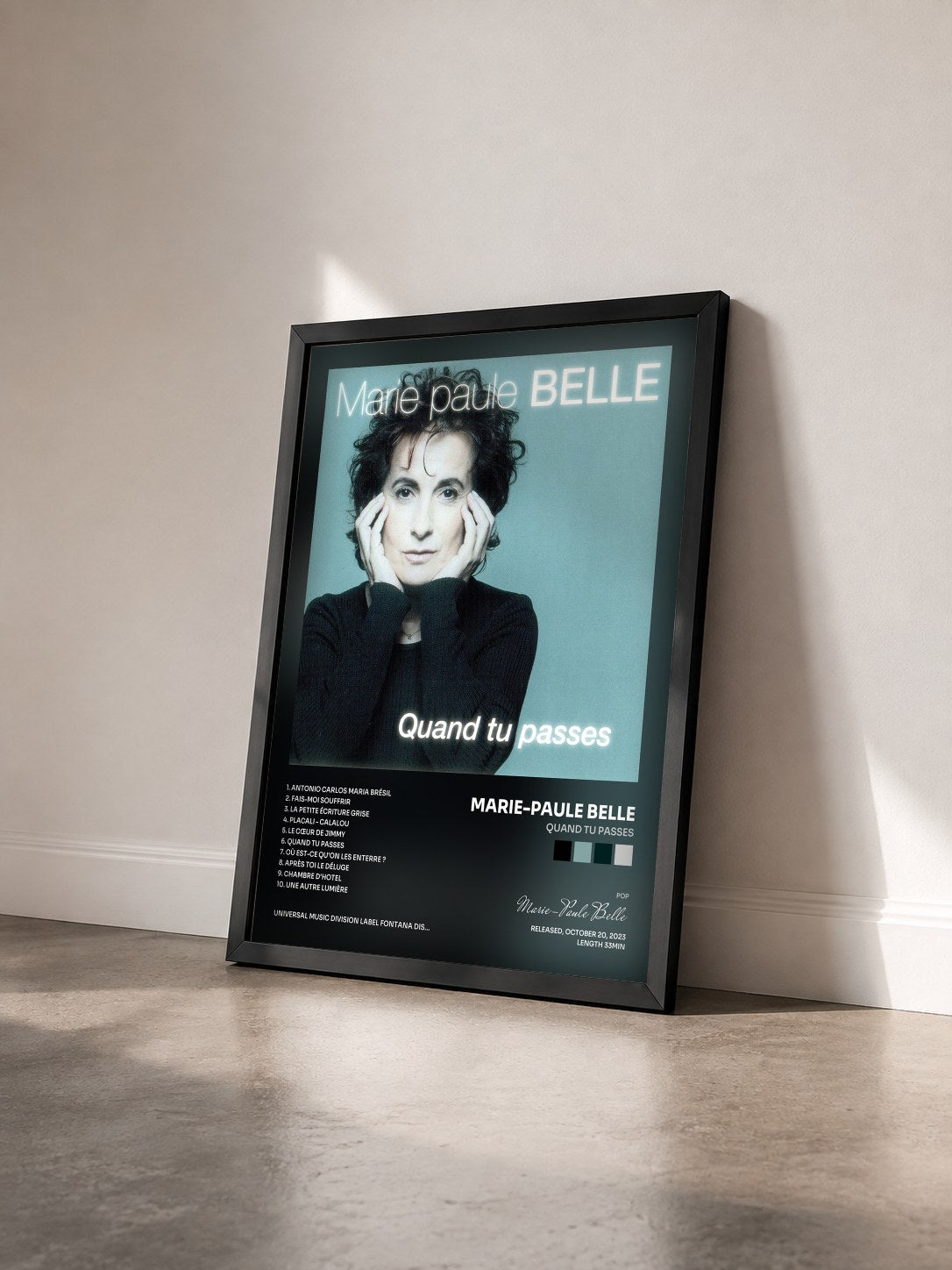 #noir Quand tu passes by Marie-Paule Belle as a framed art print seen at an angle, black frame