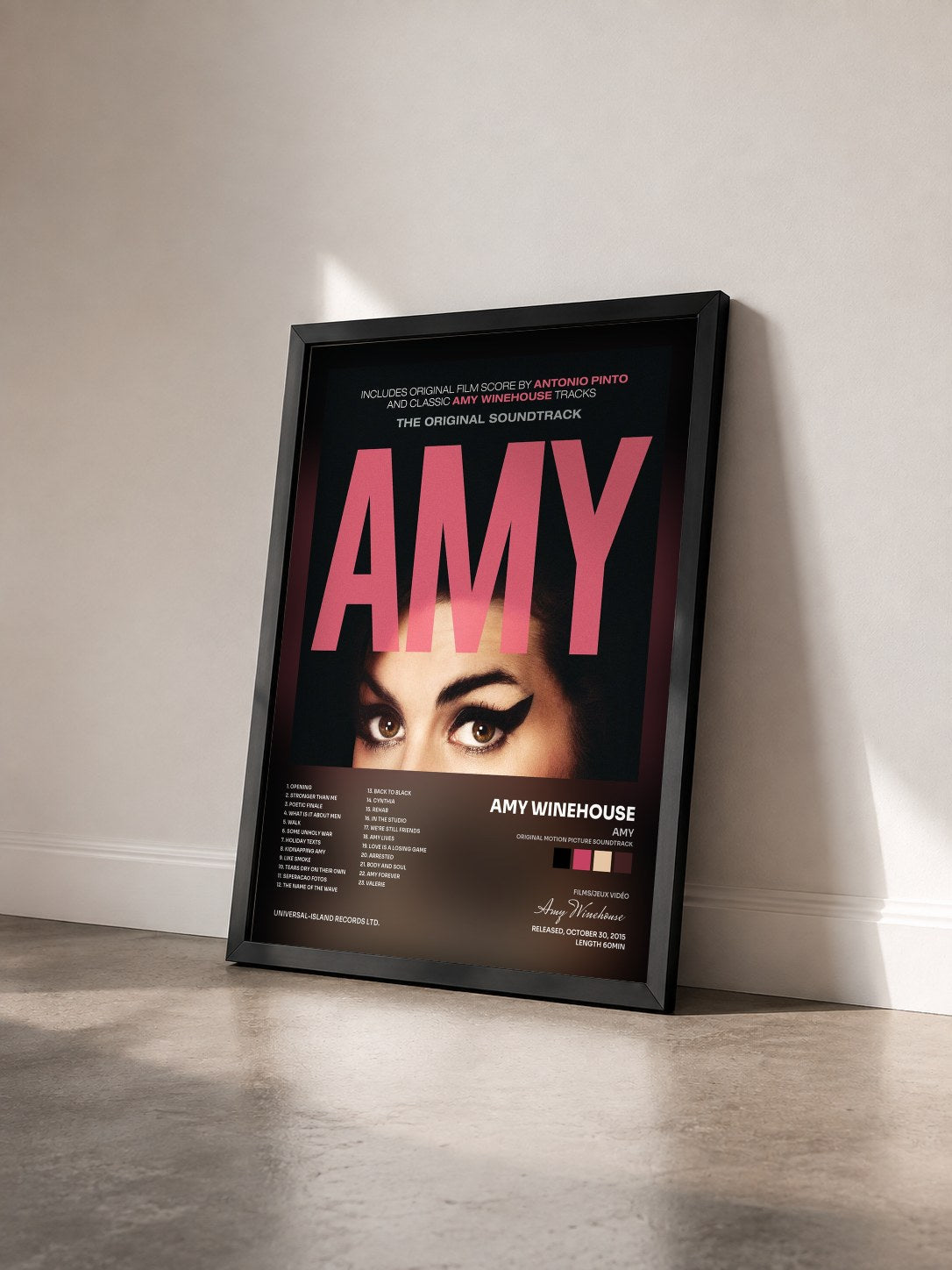 #noir AMY (Original Motion Picture Soundtrack) by Amy Winehouse as a framed art print seen at an angle, black frame