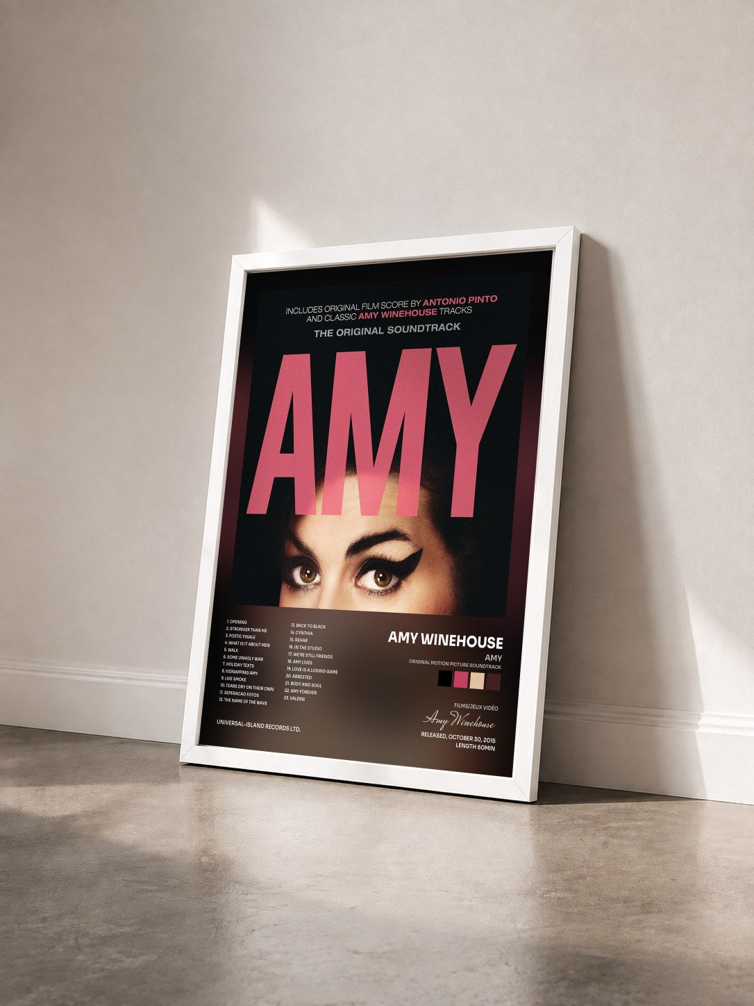 #blanc AMY (Original Motion Picture Soundtrack) by Amy Winehouse as a framed art print seen at an angle, white frame