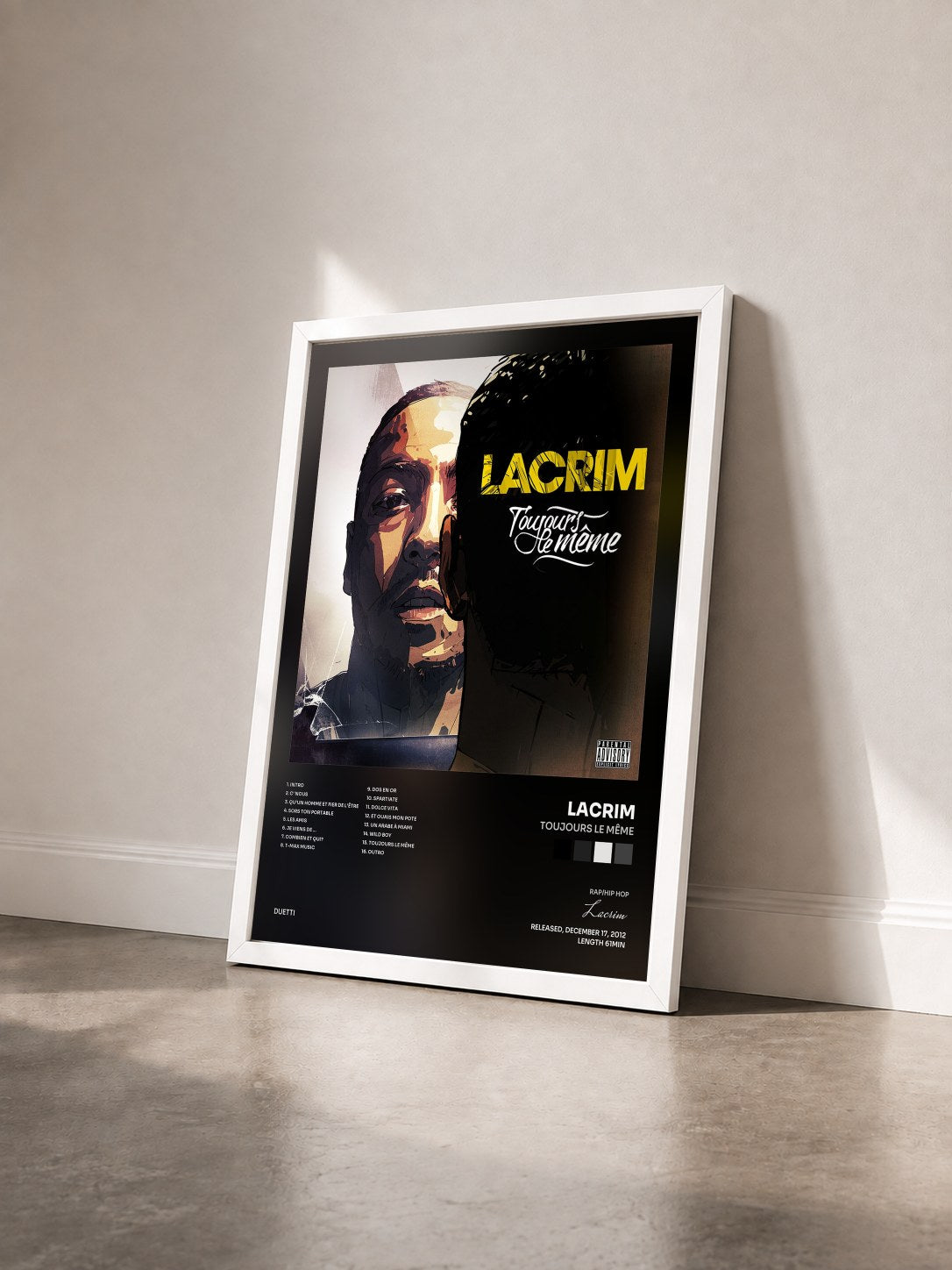 #blanc Tableau de l'album Toujours le même de Lacrim vu de trois quarts, cadre blanc