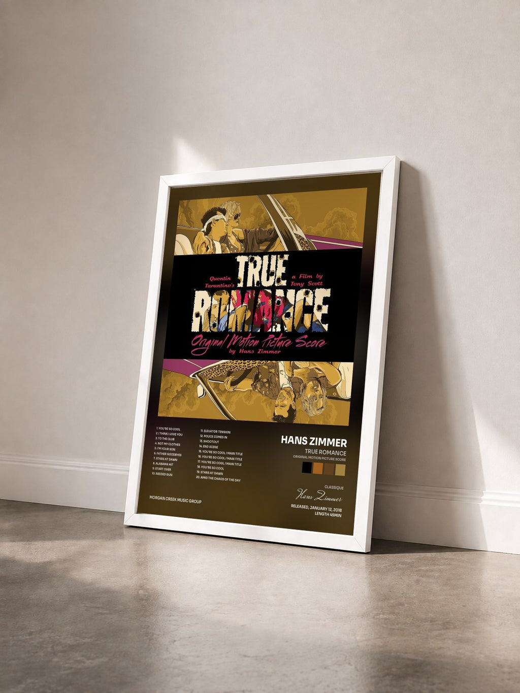 #blanc Tableau de l'album True Romance (Original Motion Picture Score) de Hans Zimmer vu de trois quarts, cadre blanc