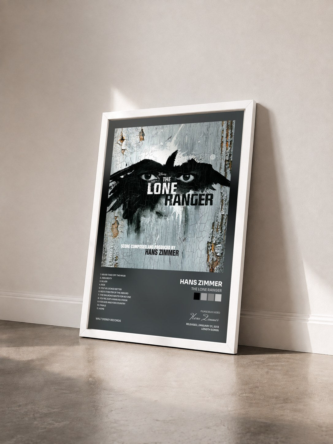 #blanc Tableau de l'album The Lone Ranger de Hans Zimmer vu de trois quarts, cadre blanc