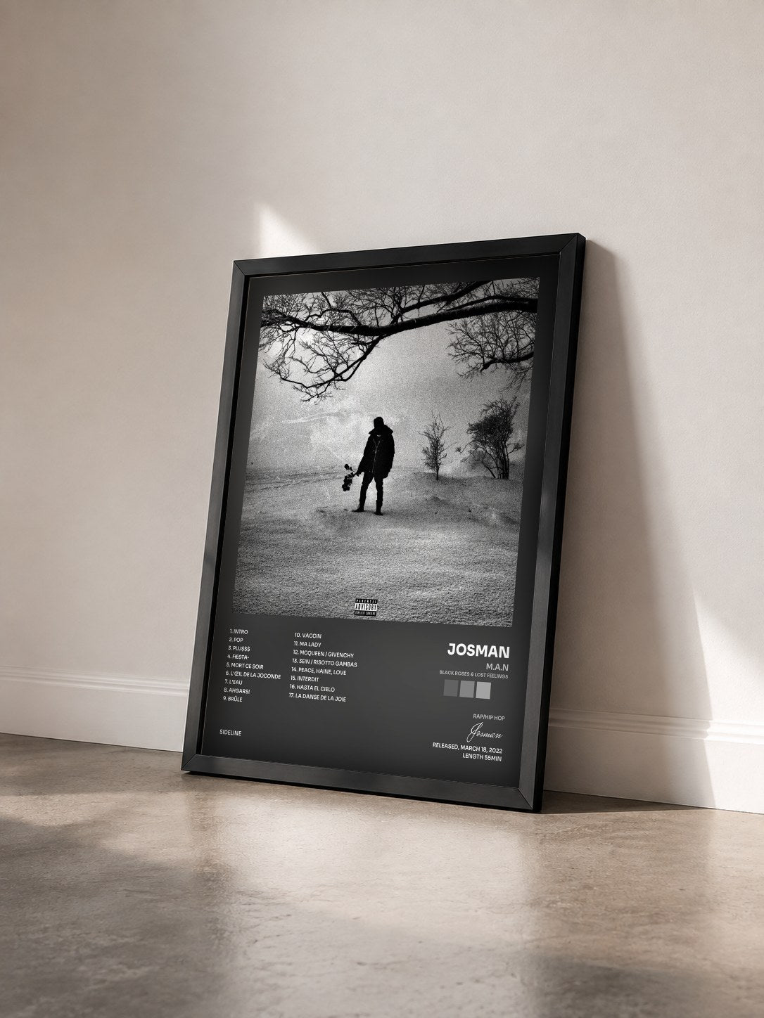 #noir M.A.N (Black Roses & Lost Feelings) by Josman as a framed art print seen at an angle, black frame