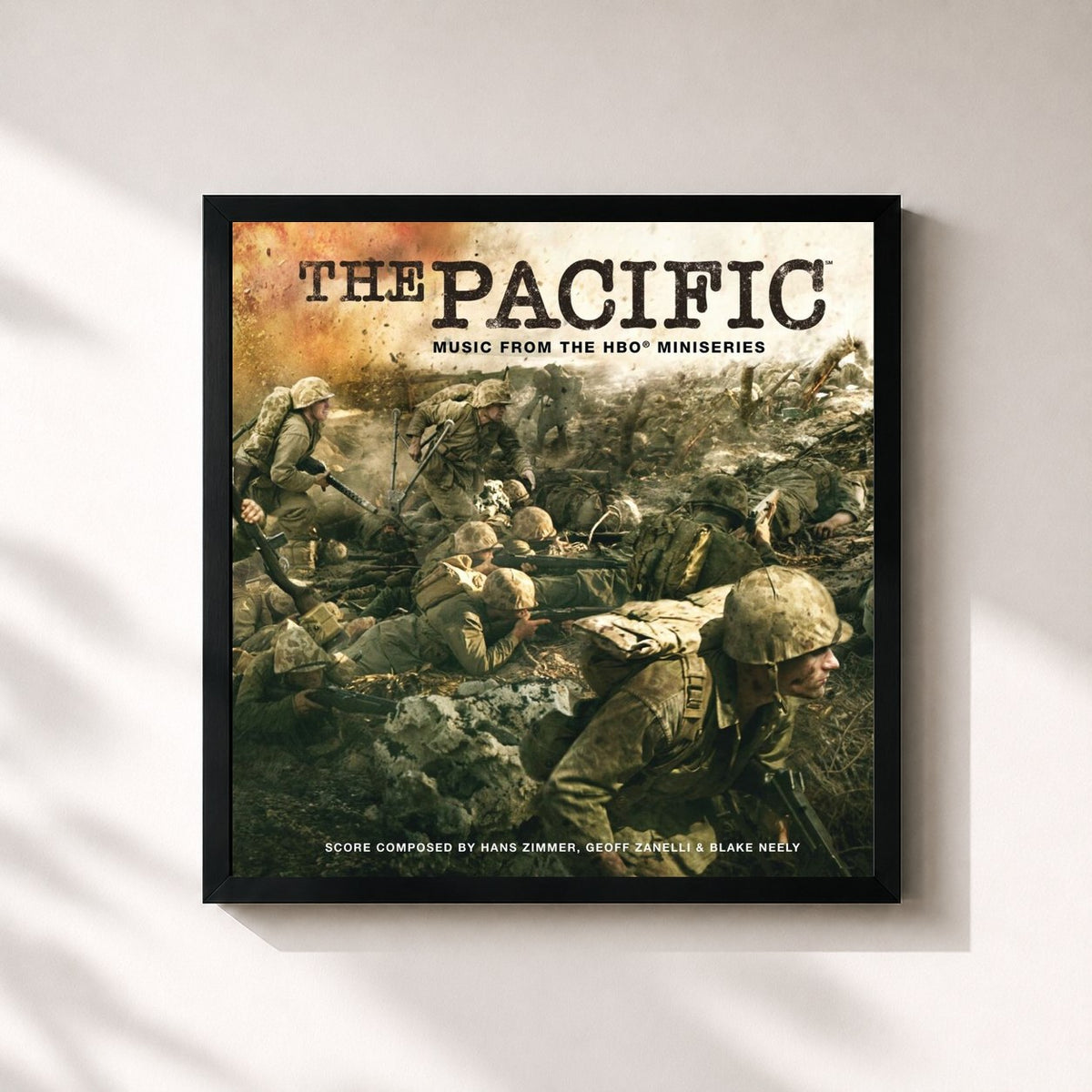 #noir Tableau carré de l'album The Pacific (Music From the HBO Miniseries) de Hans Zimmer, cadre noir 32x32 cm