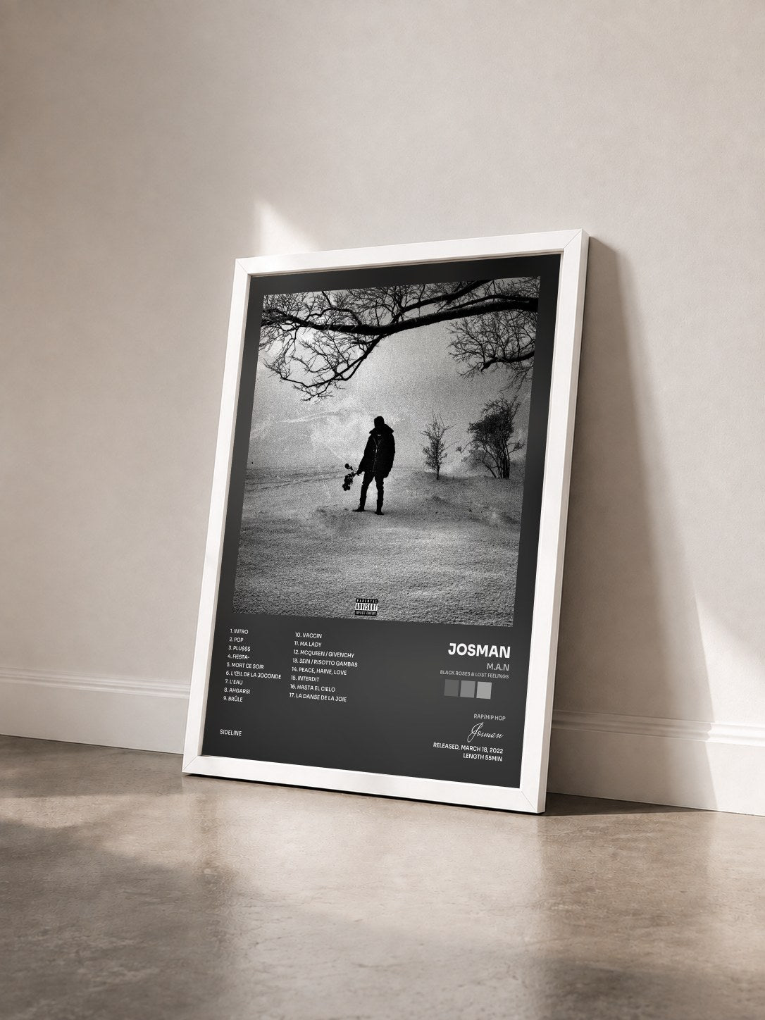 #blanc M.A.N (Black Roses & Lost Feelings) by Josman as a framed art print seen at an angle, white frame