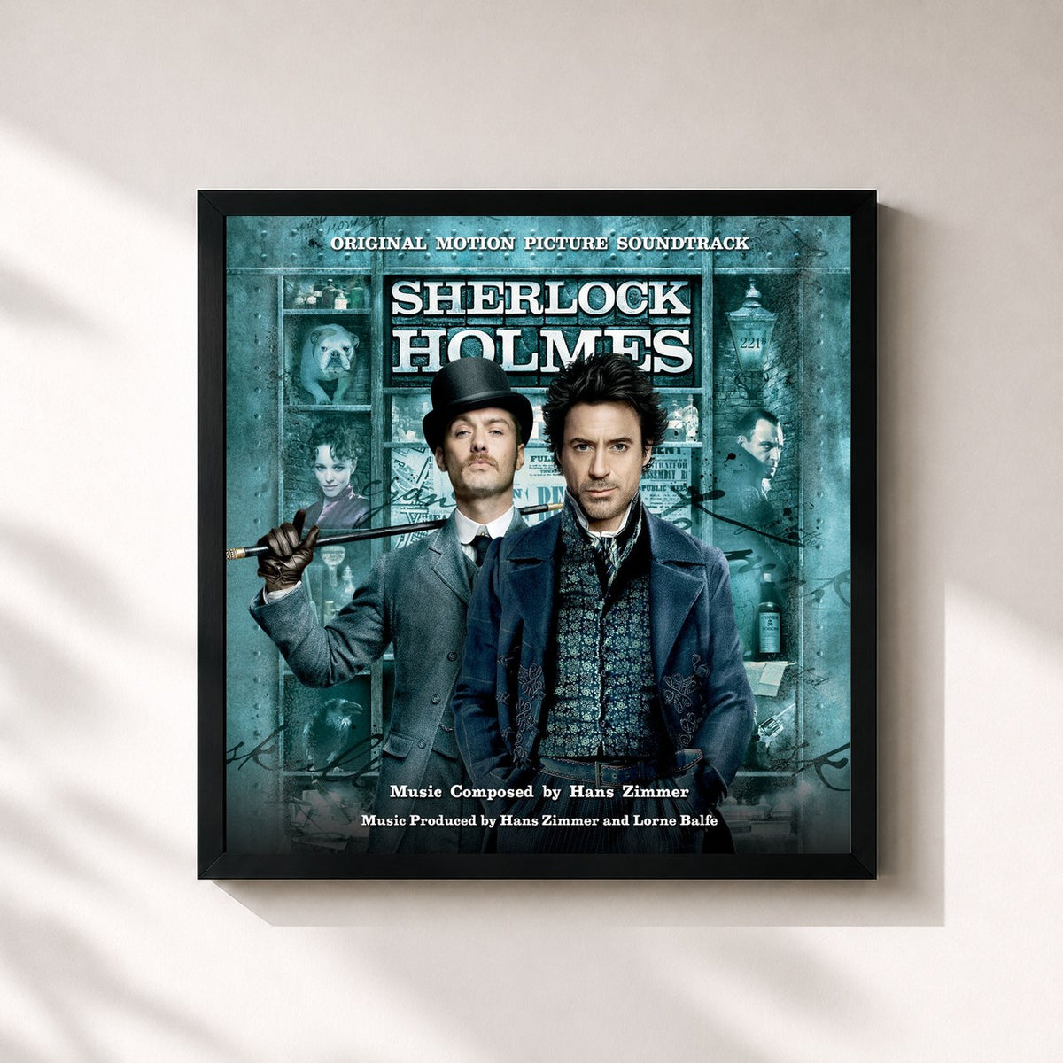 #noir Sherlock Holmes (Original Motion Picture Soundtrack) di Hans Zimmer in stampa quadrata incorniciata, cornice nera 32x32 cm