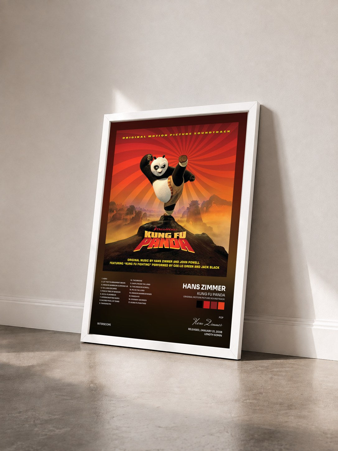 #blanc Kung Fu Panda (Original Motion Picture Soundtrack) di Hans Zimmer in stampa incorniciata vista di tre quarti, cornice bianca