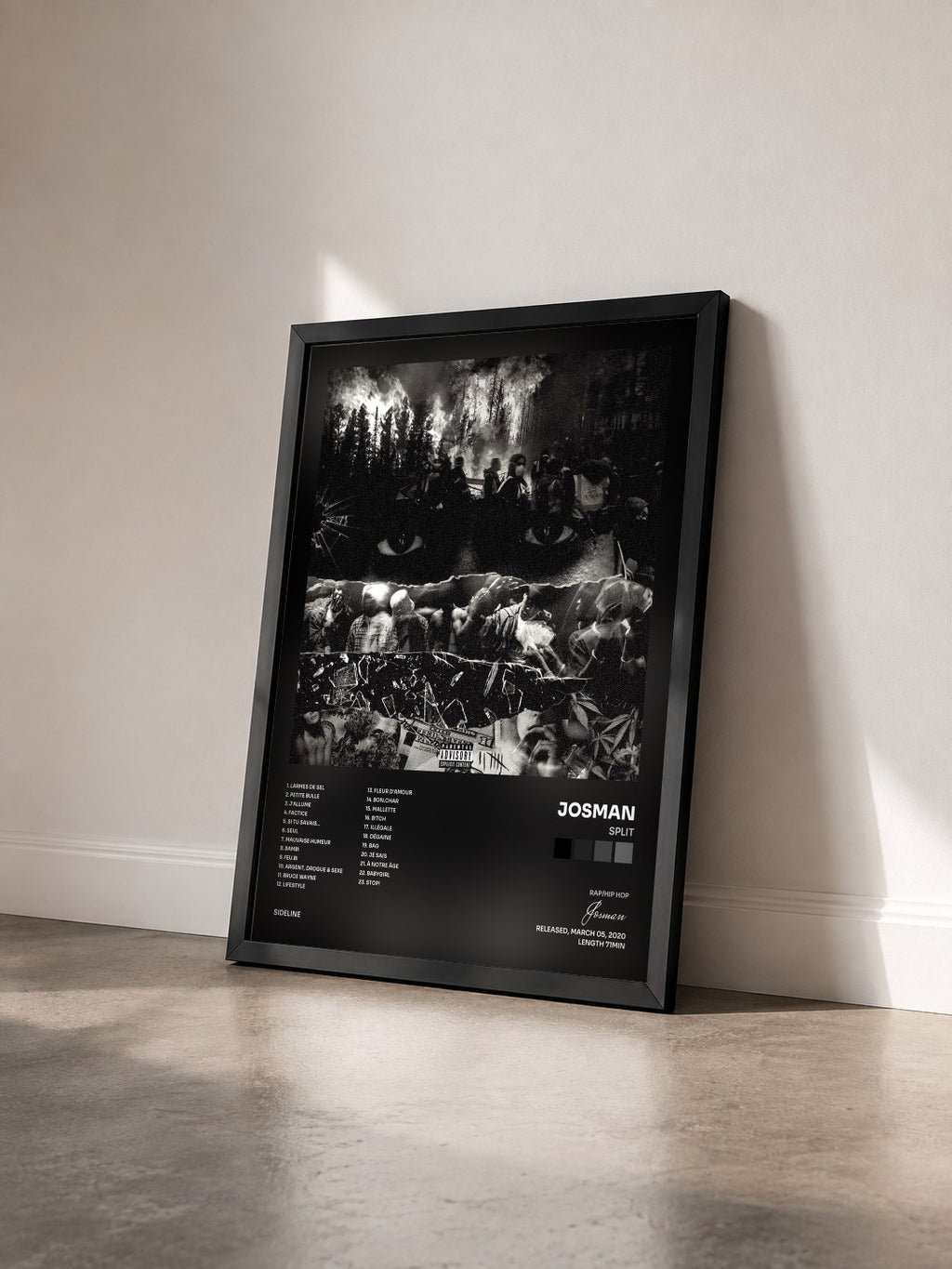 #noir Tableau de l'album SPLIT de Josman vu de trois quarts, cadre noir