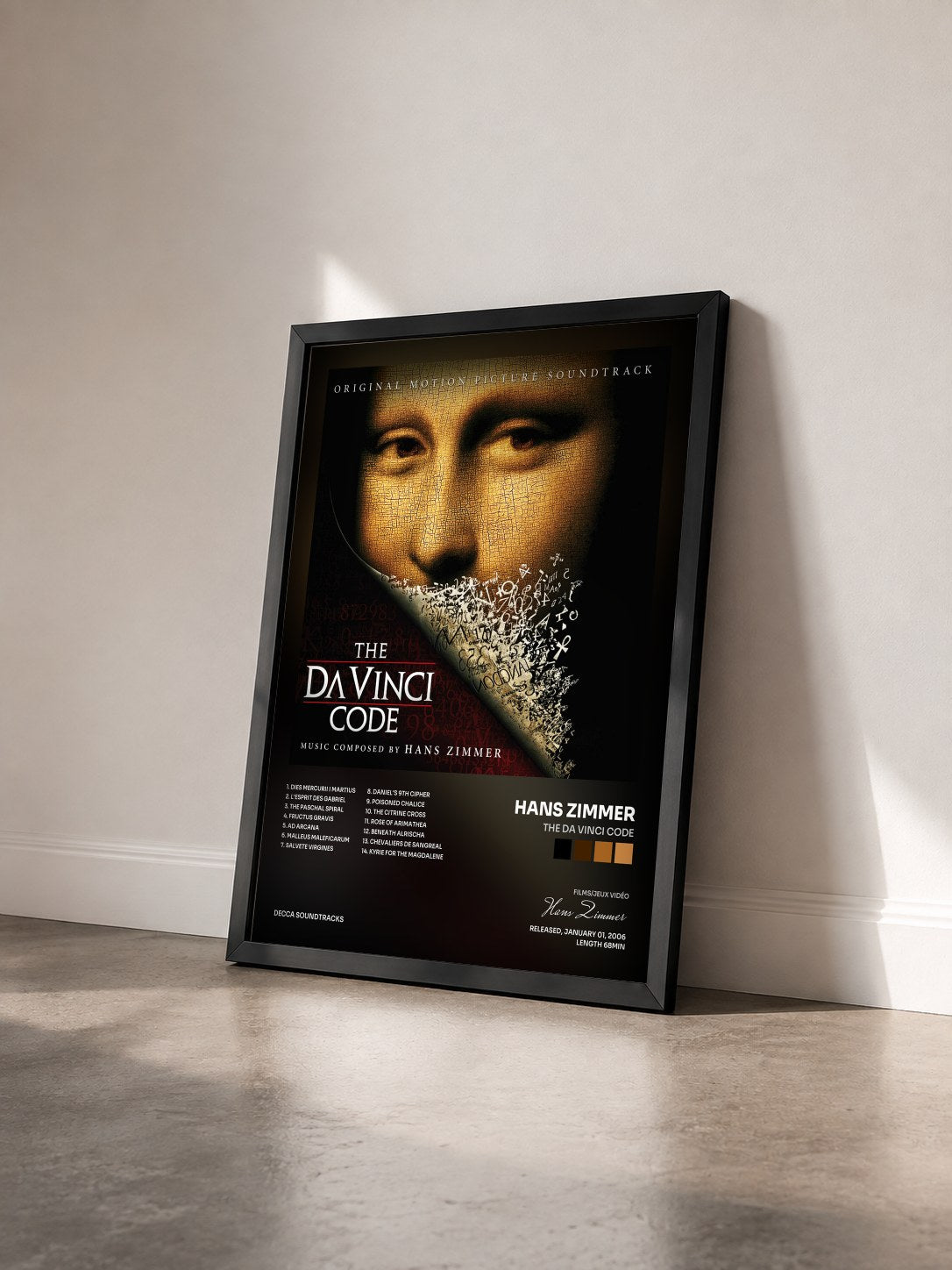 #noir The Da Vinci Code di Hans Zimmer in stampa incorniciata vista di tre quarti, cornice nera