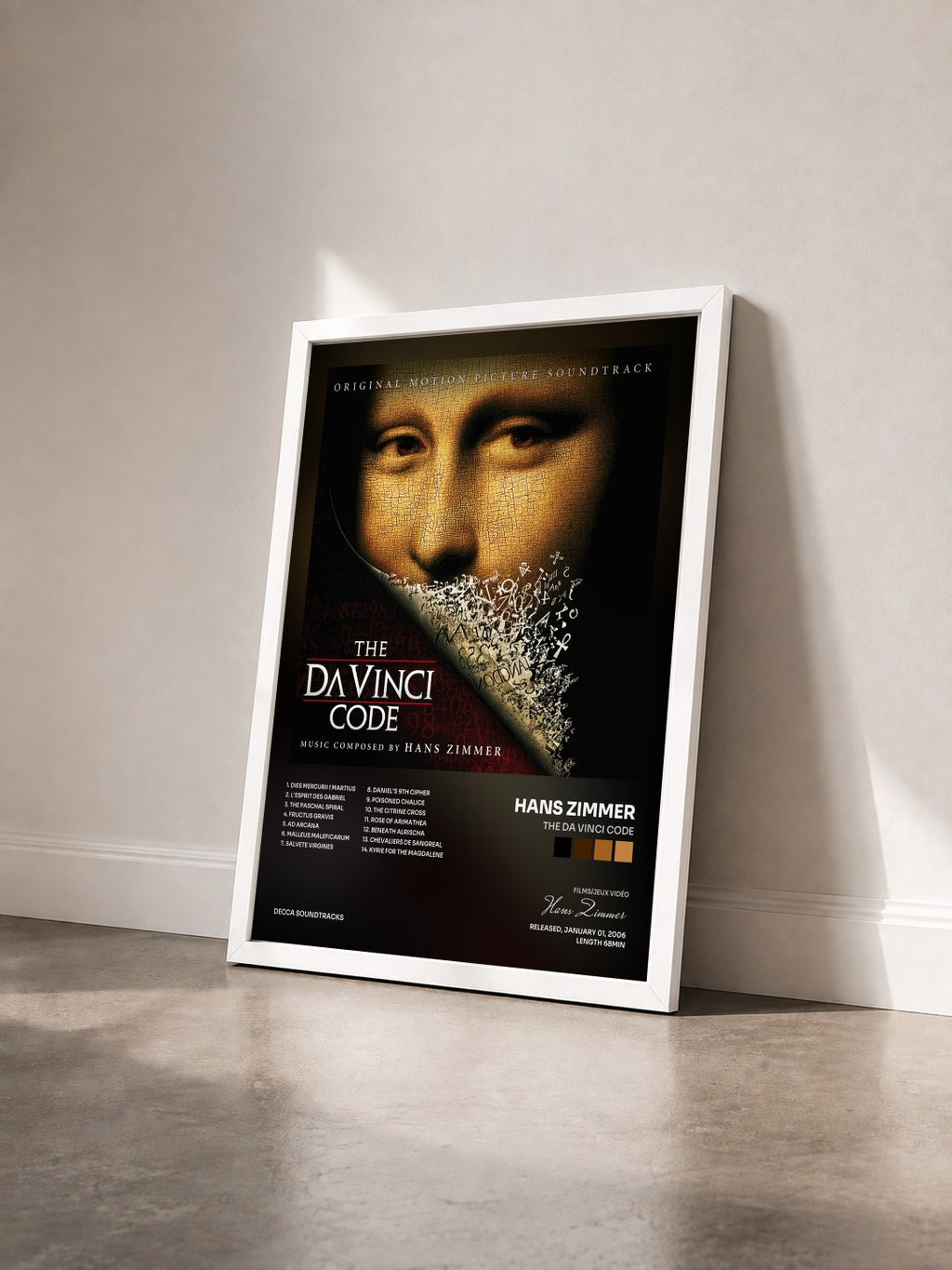 #blanc The Da Vinci Code di Hans Zimmer in stampa incorniciata vista di tre quarti, cornice bianca