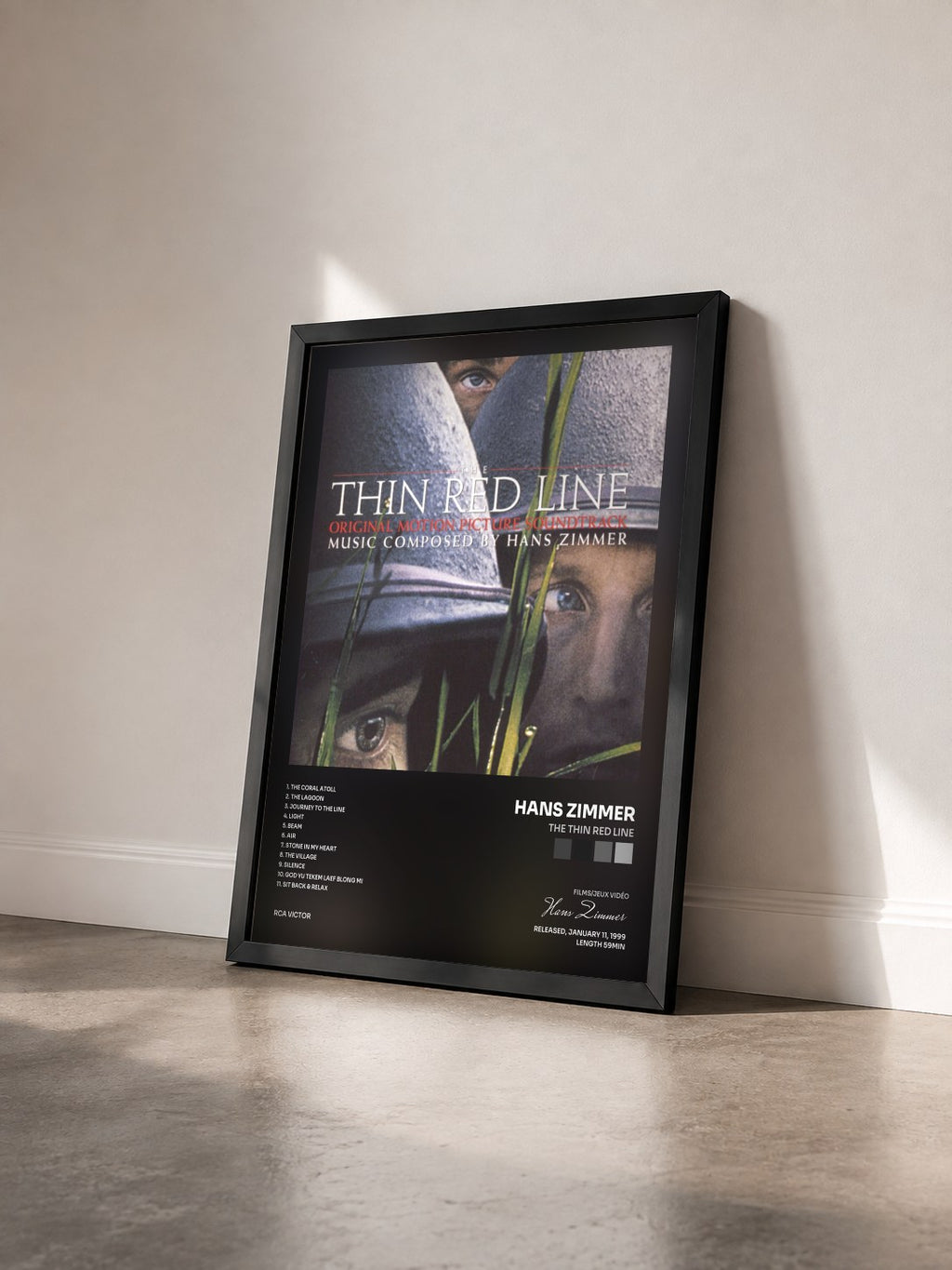 #noir Tableau de l'album The Thin Red Line de Hans Zimmer vu de trois quarts, cadre noir