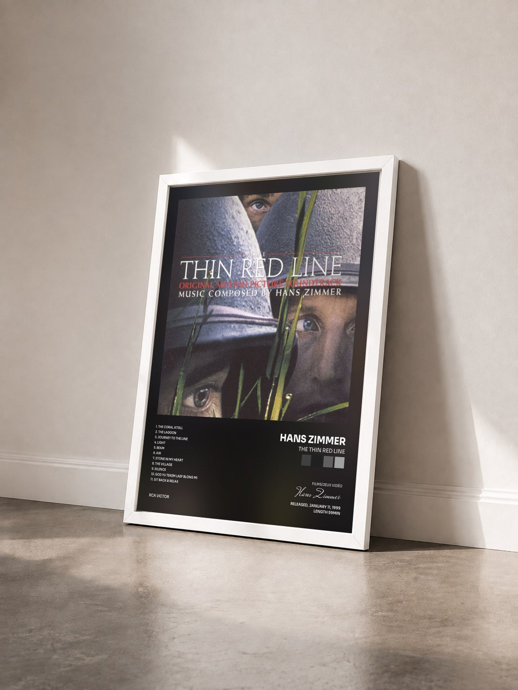#blanc Tableau de l'album The Thin Red Line de Hans Zimmer vu de trois quarts, cadre blanc