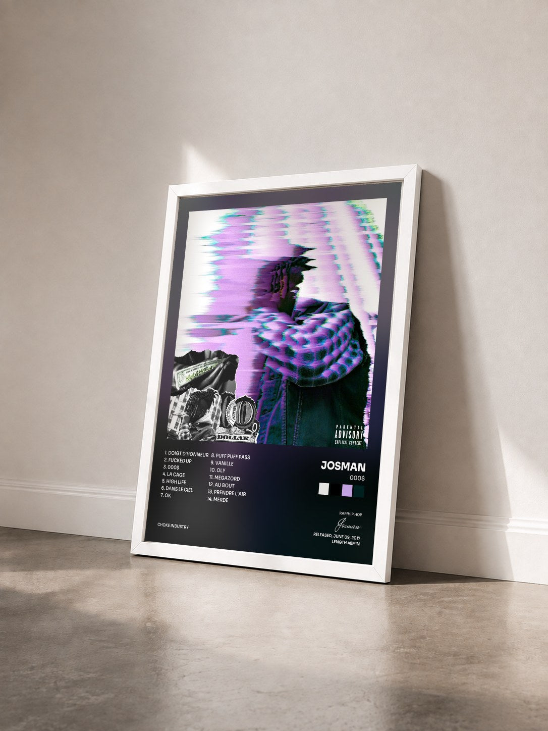 #blanc Tableau de l'album 000$ de Josman vu de trois quarts, cadre blanc