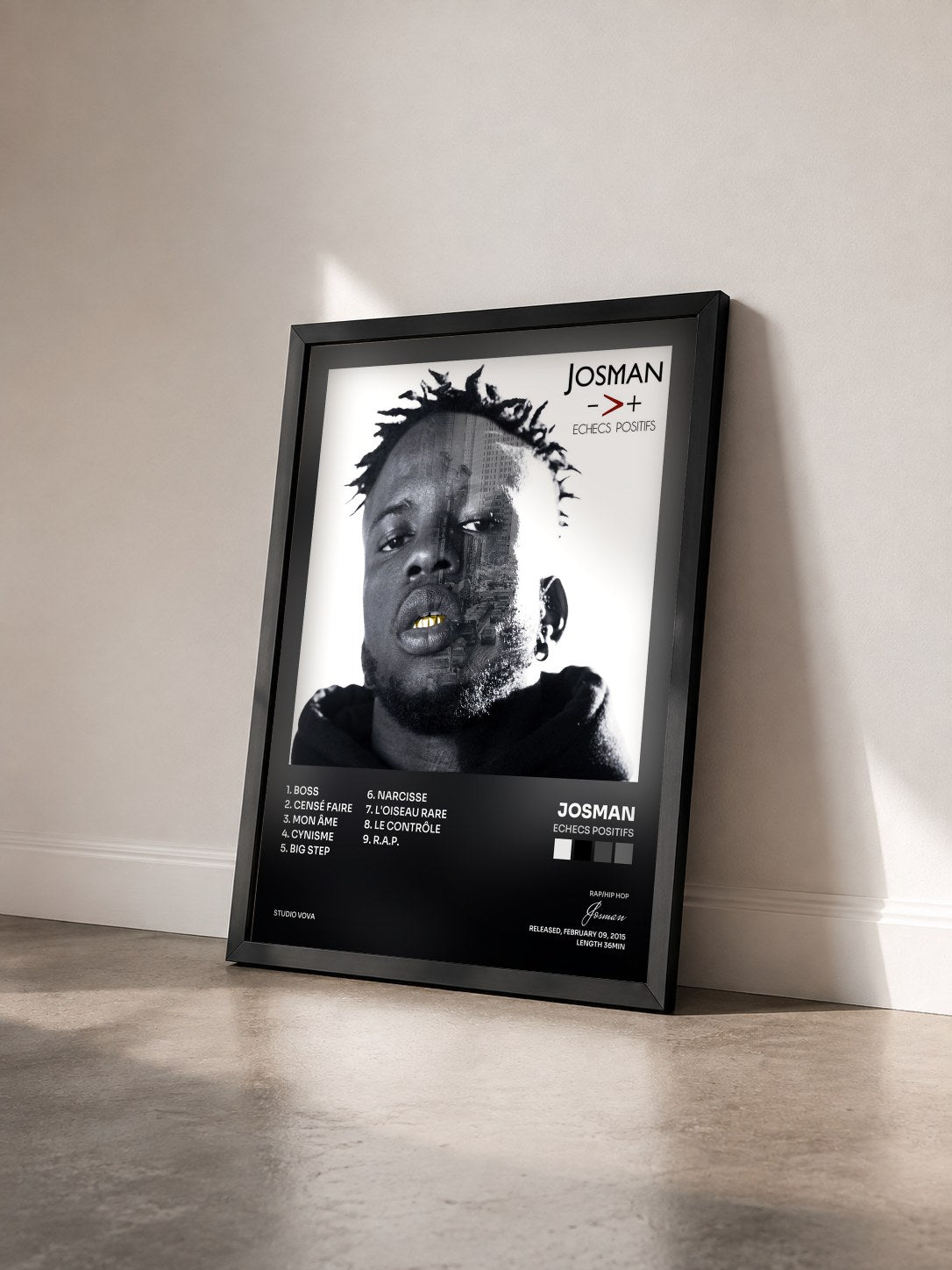 #noir Tableau de l'album Echecs positifs de Josman vu de trois quarts, cadre noir