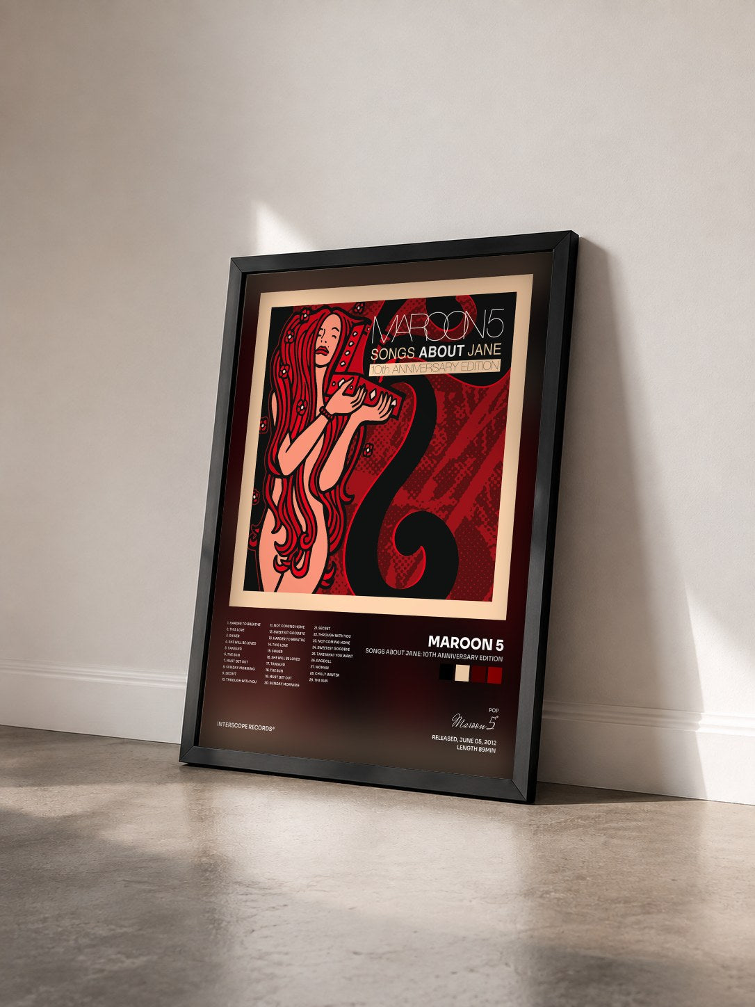 #noir Songs About Jane: 10th Anniversary Edition by Maroon 5 as a framed art print seen at an angle, black frame