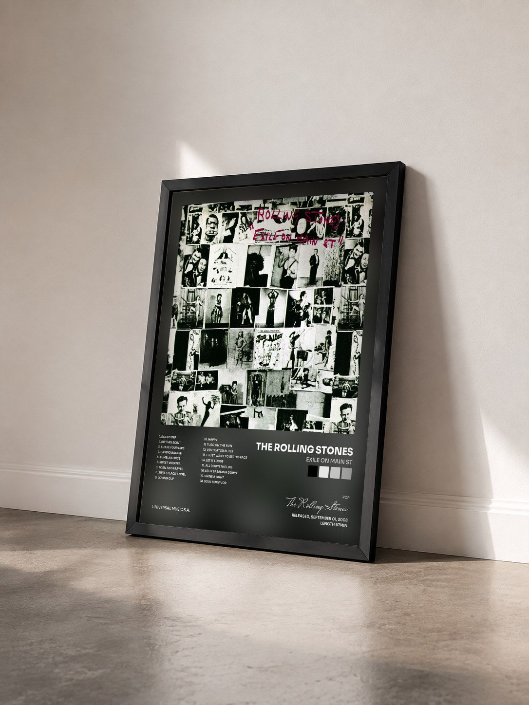#noir Tableau de l'album Exile On Main St de The Rolling Stones vu de trois quarts, cadre noir