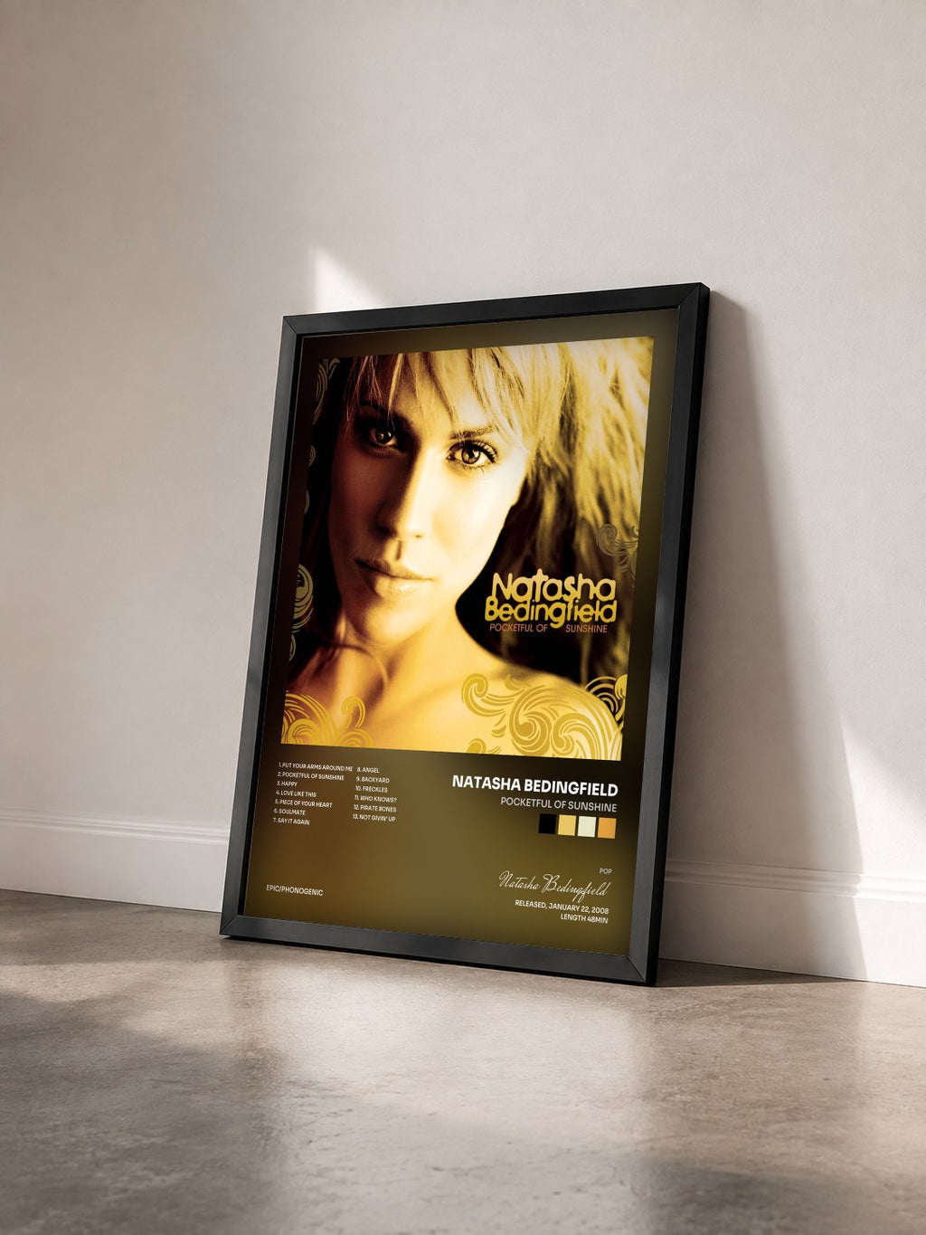 #noir Tableau de l'album Pocketful Of Sunshine de Natasha Bedingfield vu de trois quarts, cadre noir