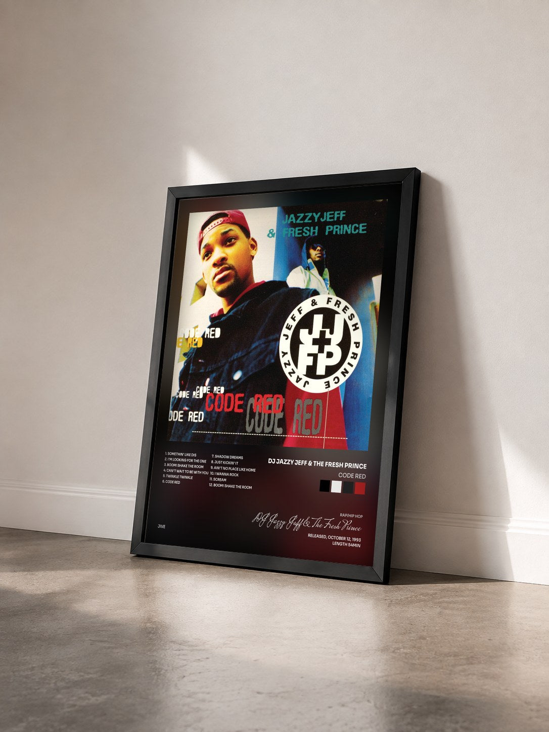 #noir Tableau de l'album Code Red de DJ Jazzy Jeff & The Fresh Prince vu de trois quarts, cadre noir