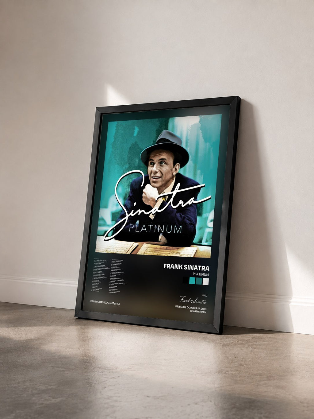 #noir Platinum by Frank Sinatra as a framed art print seen at an angle, black frame
